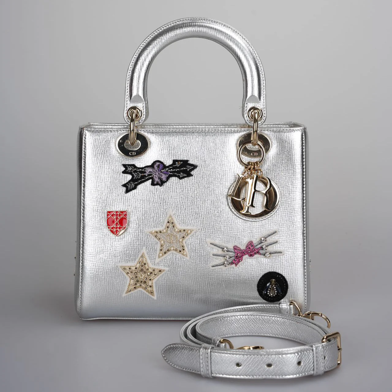 used-Christian Dior Leather Lady Dior Shoulder Bag in Silver-MILOURA