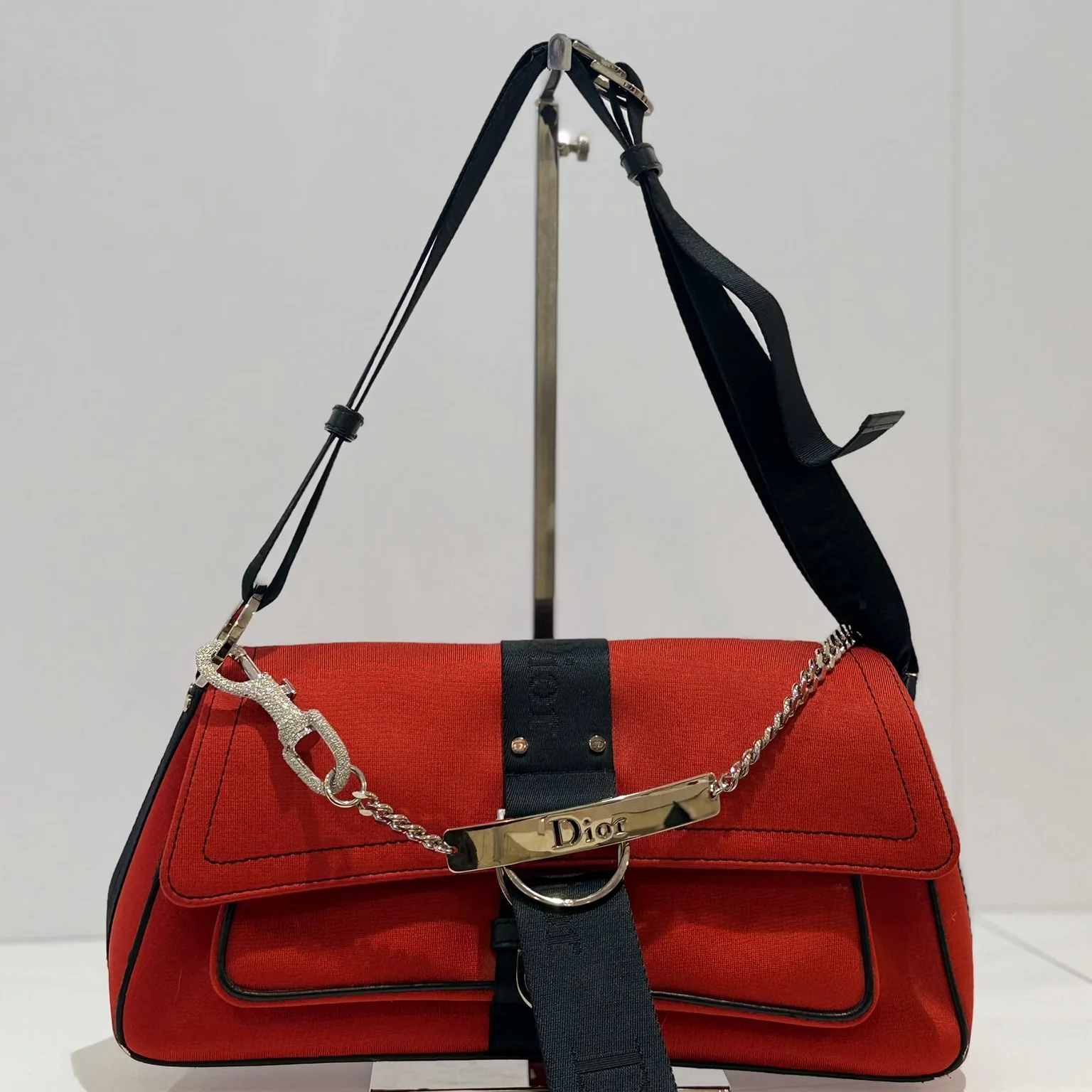 Dior Red Hardcore Shoulder Bag with Black Trim and Crystal Chain