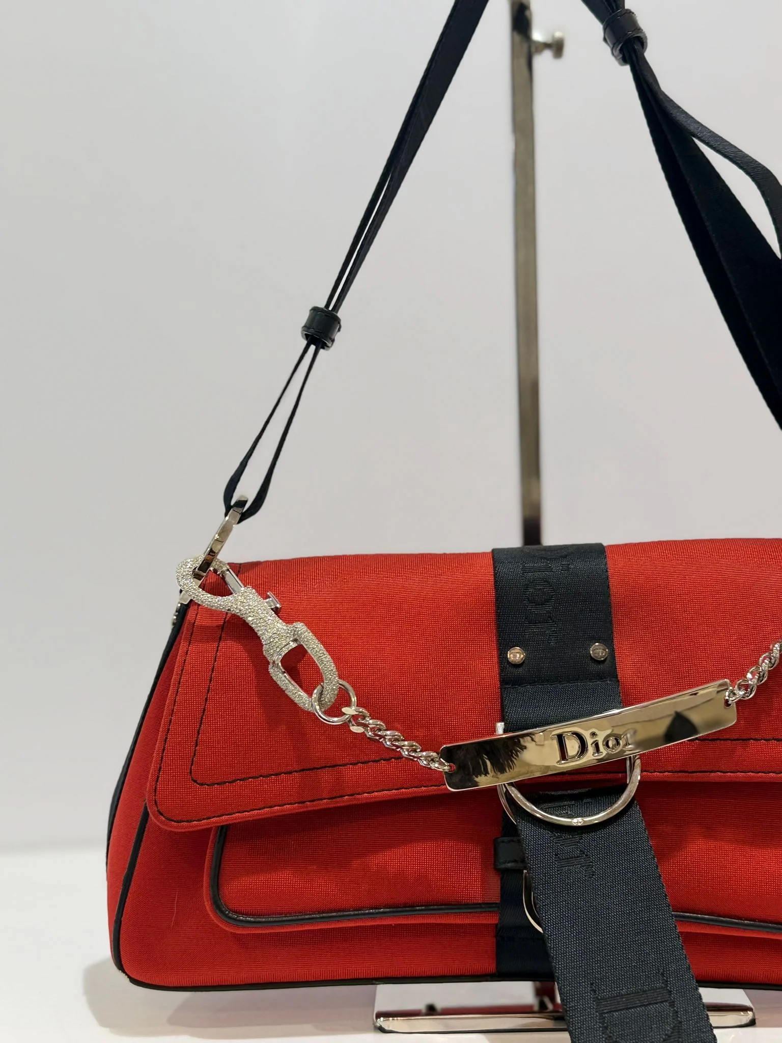 Dior Red Hardcore Shoulder Bag with Black Trim and Crystal Chain