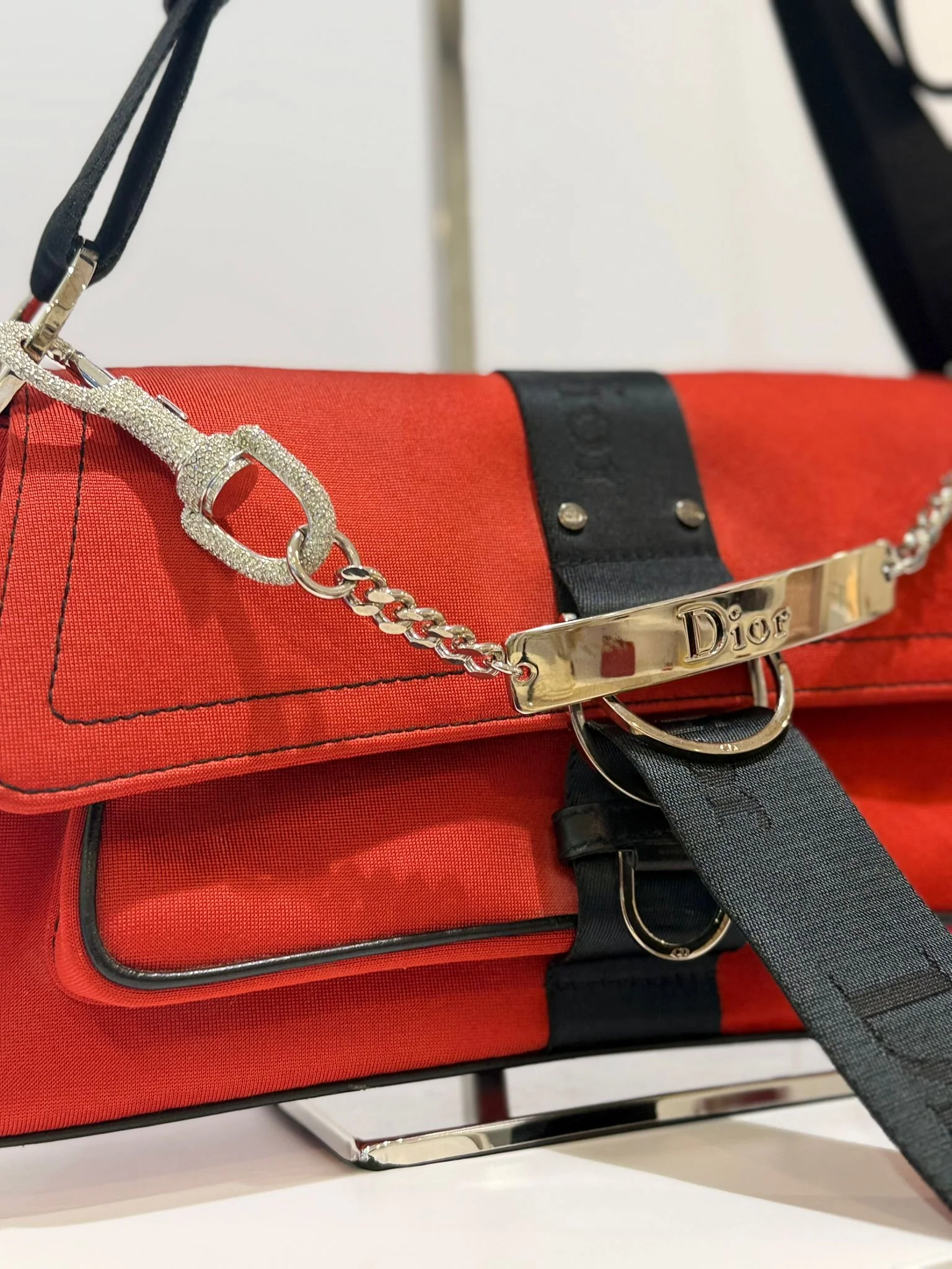 Dior Red Hardcore Shoulder Bag with Black Trim and Crystal Chain