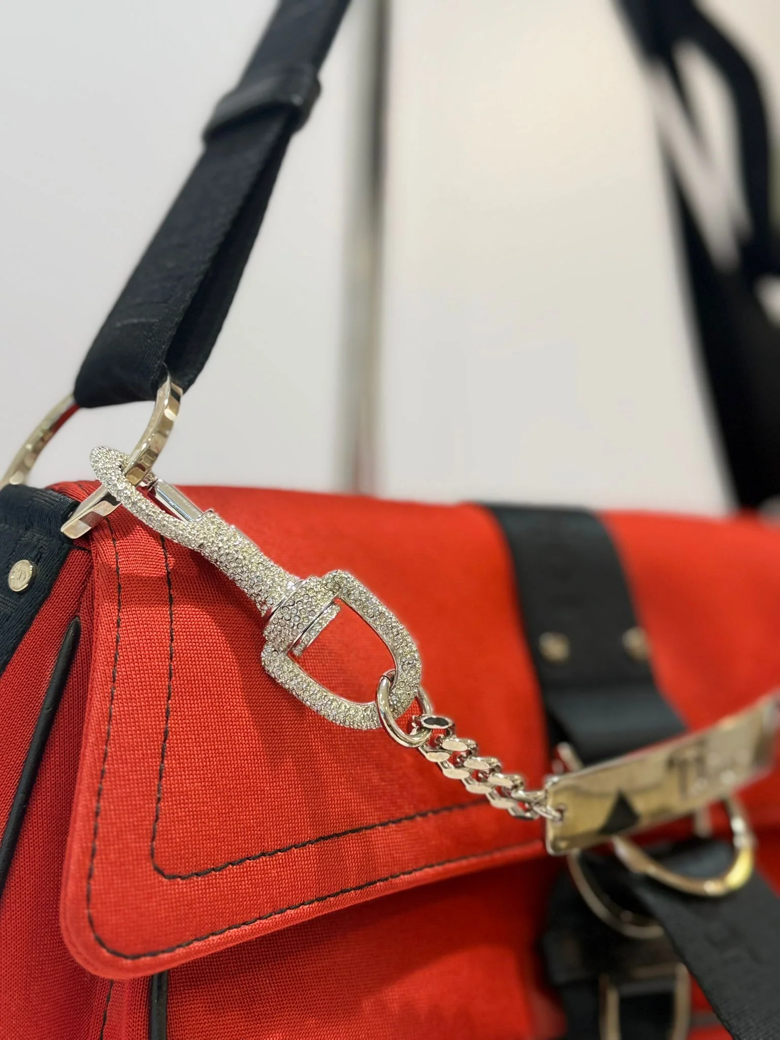 Dior Red Hardcore Shoulder Bag with Black Trim and Crystal Chain