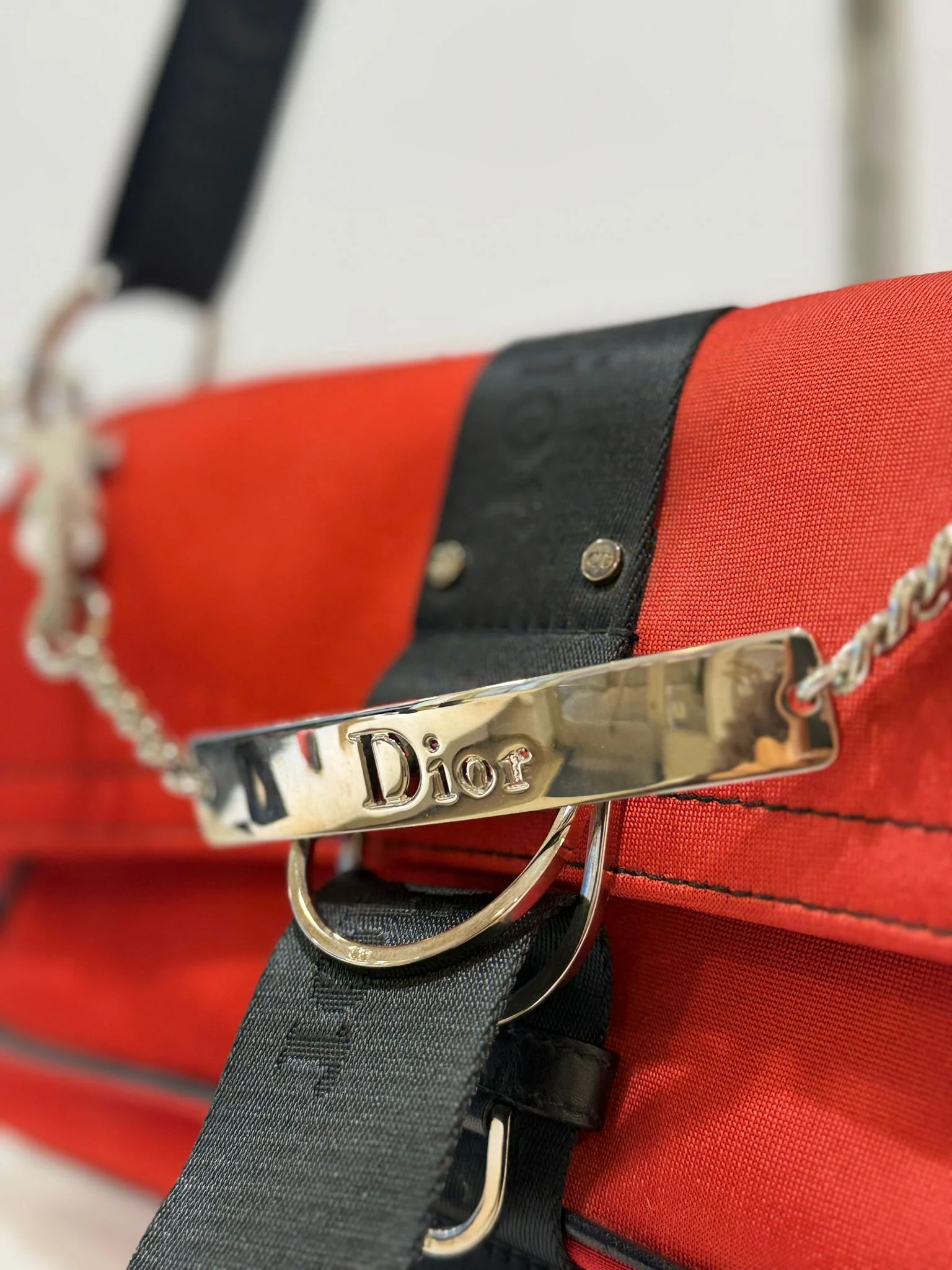 Dior Red Hardcore Shoulder Bag with Black Trim and Crystal Chain
