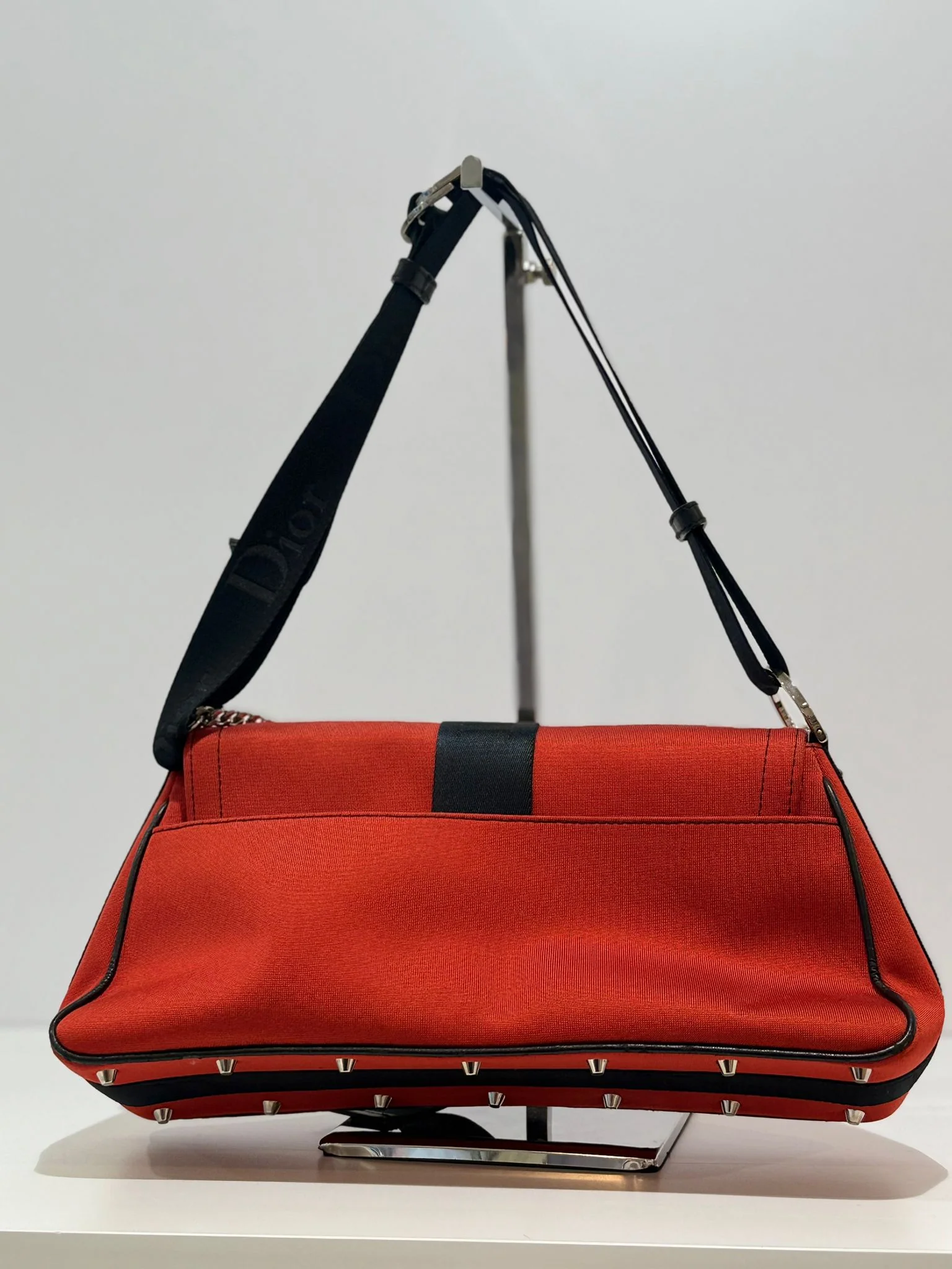 Dior Red Hardcore Shoulder Bag with Black Trim and Crystal Chain