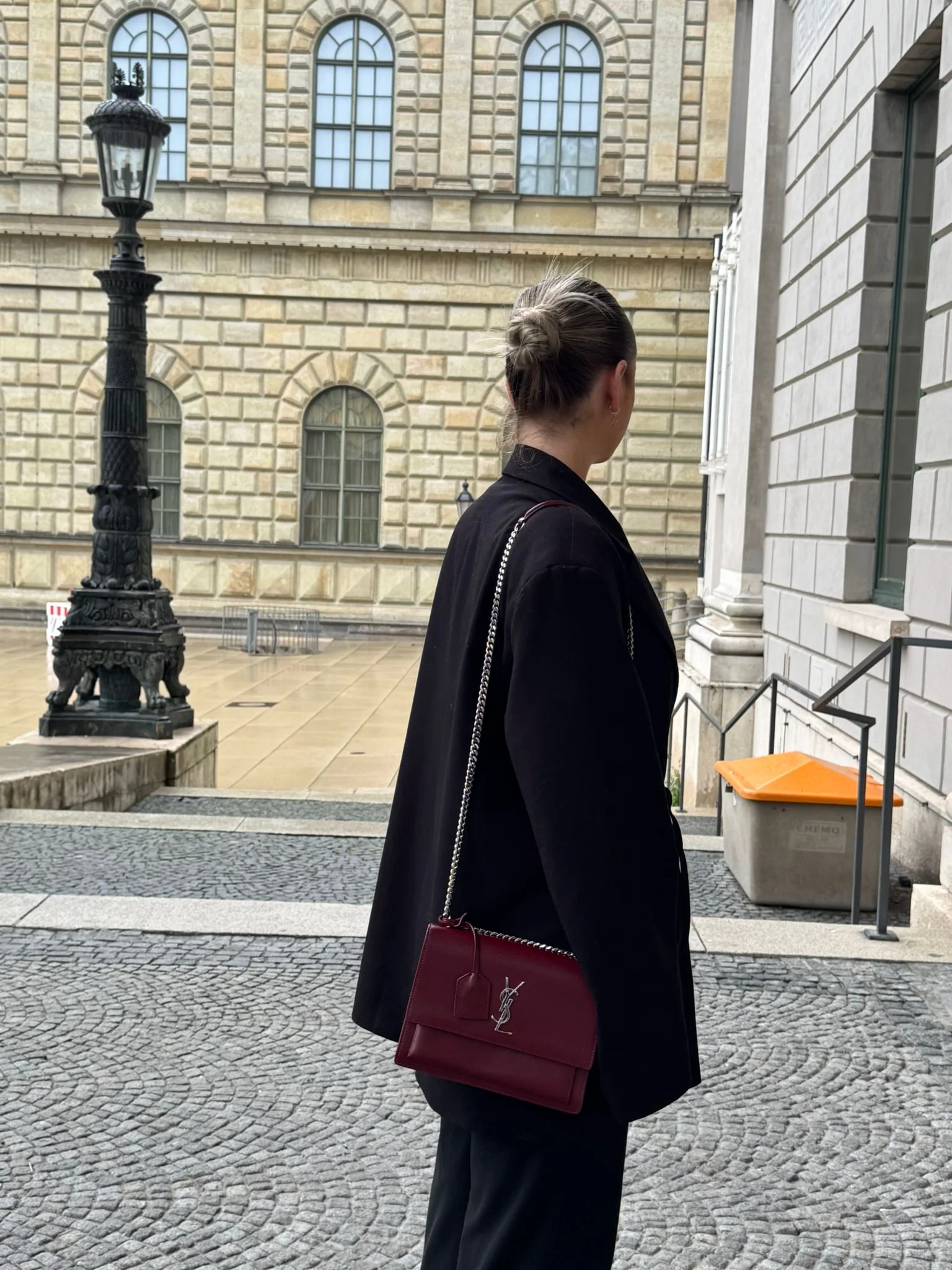 Saint Laurent Sunset Bag Burgundy Box Leder with Silver Hardware Medium