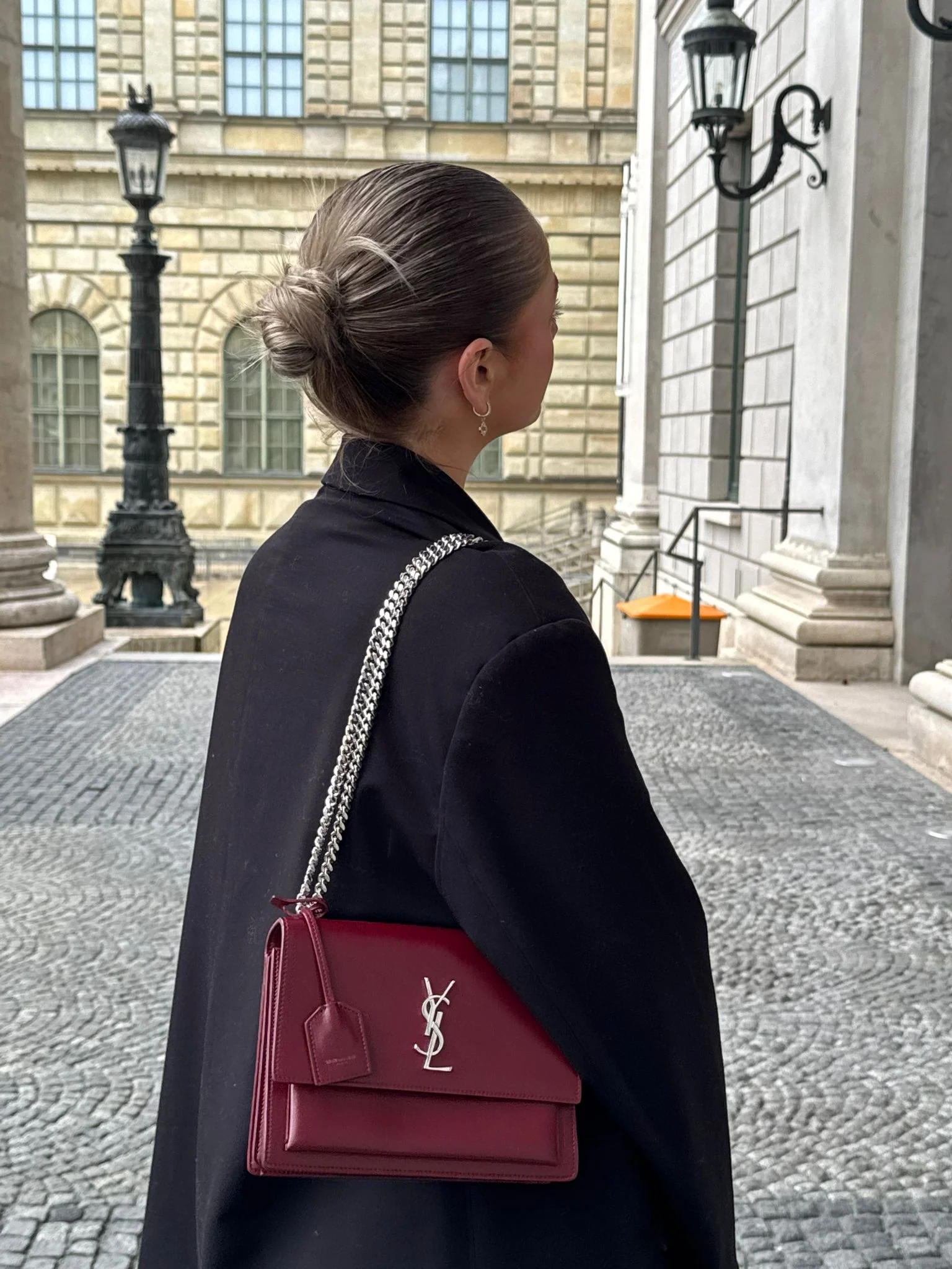 Saint Laurent Sunset Bag Burgundy Box Leder with Silver Hardware Medium