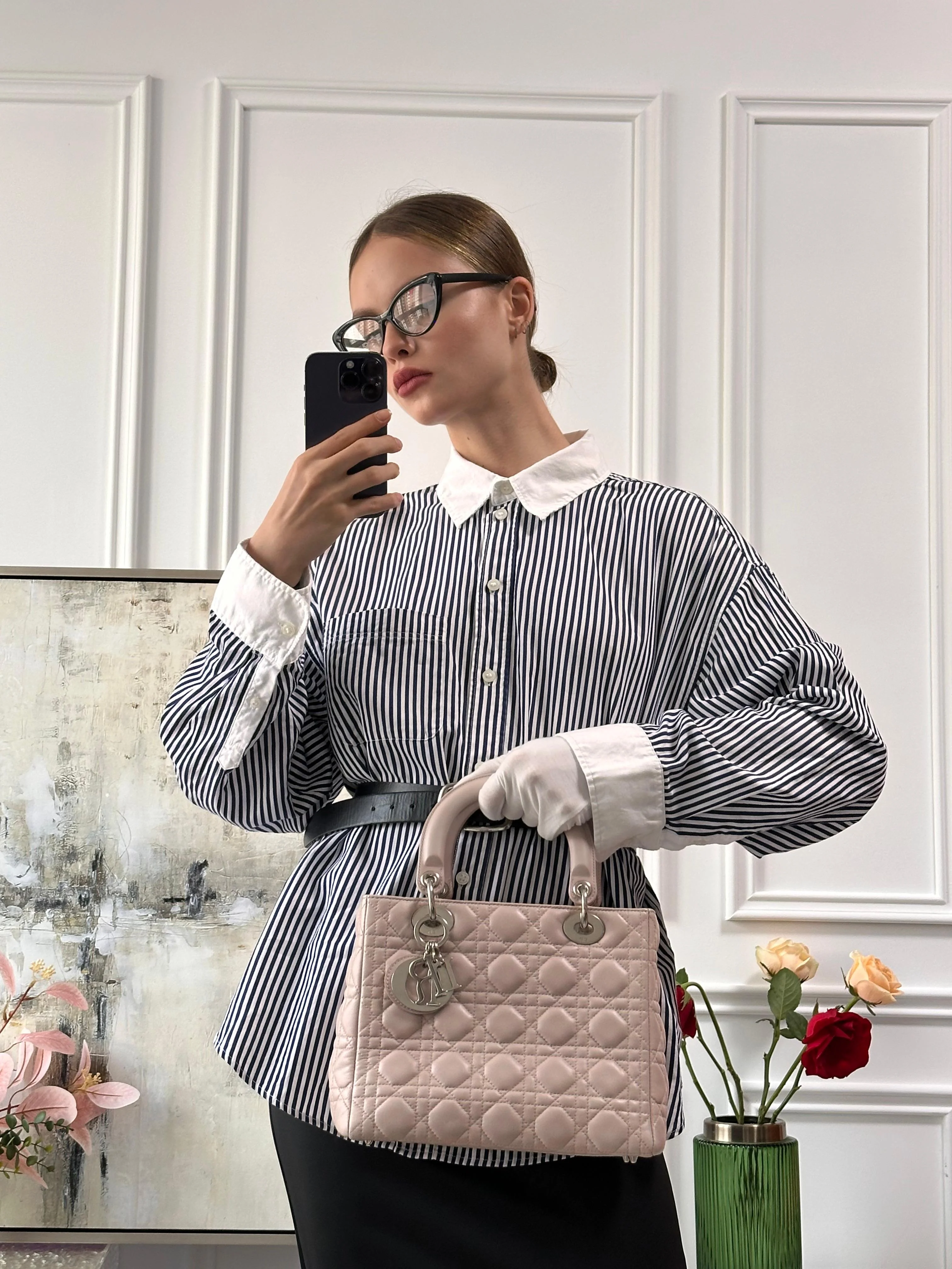 Christian Dior Cherry Blossom Pink Lady Dior Bag in Lambskin with Silver Hardware