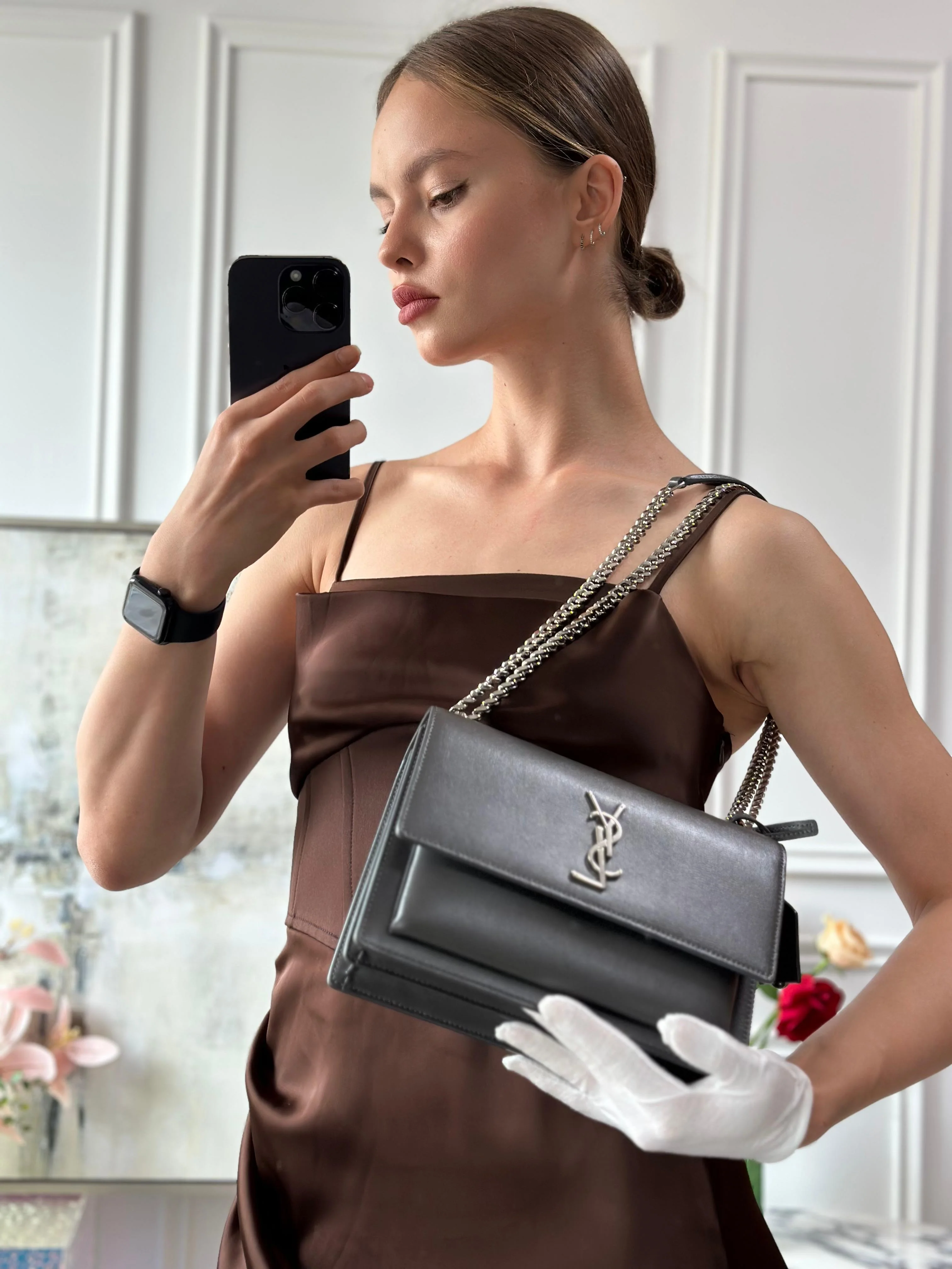 Saint Laurent Grey Calfskin Medium Monogram Sunset