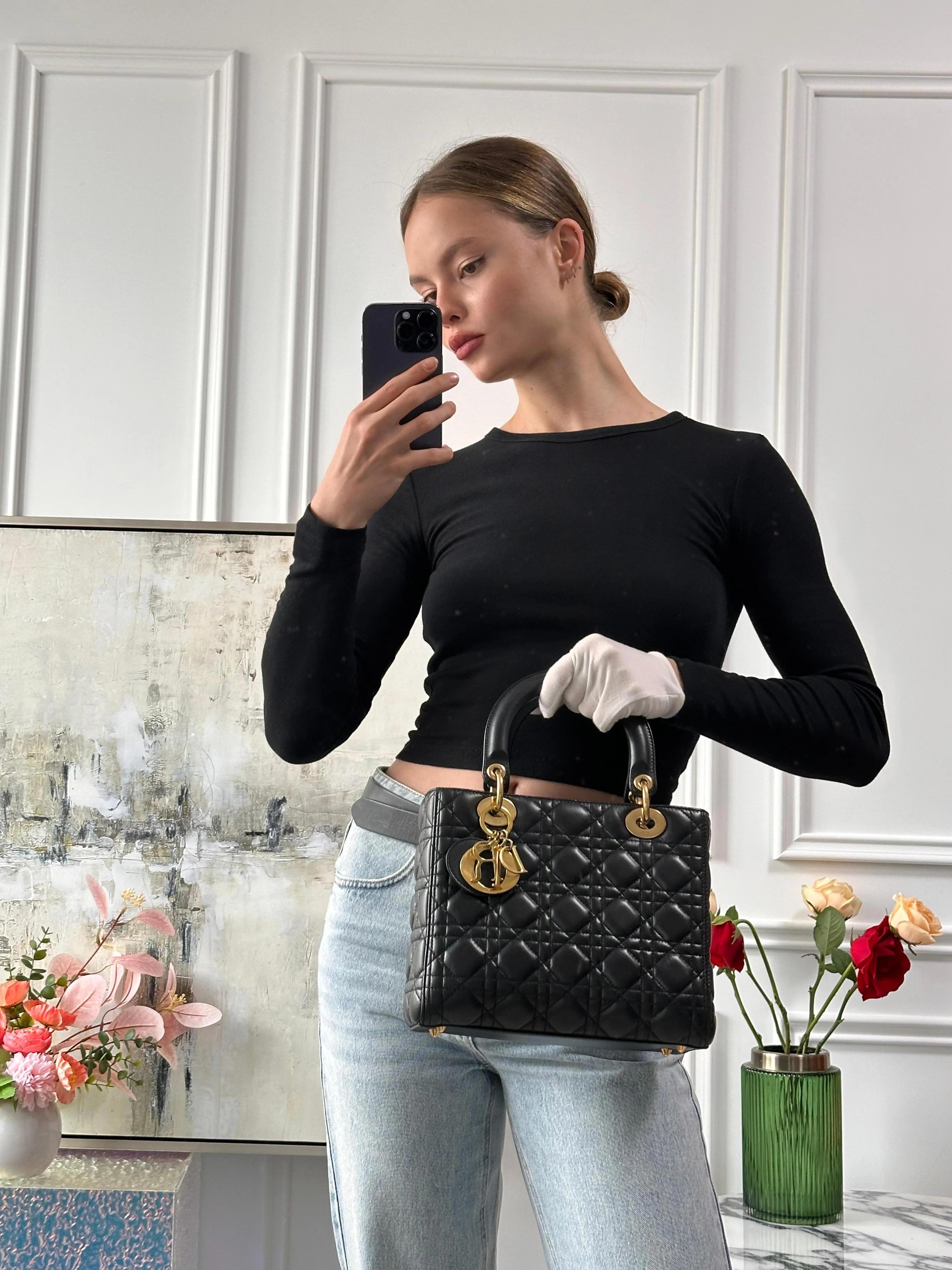 Christian Dior Black Medium Lady Dior Cannage Bag Lambskin 2019