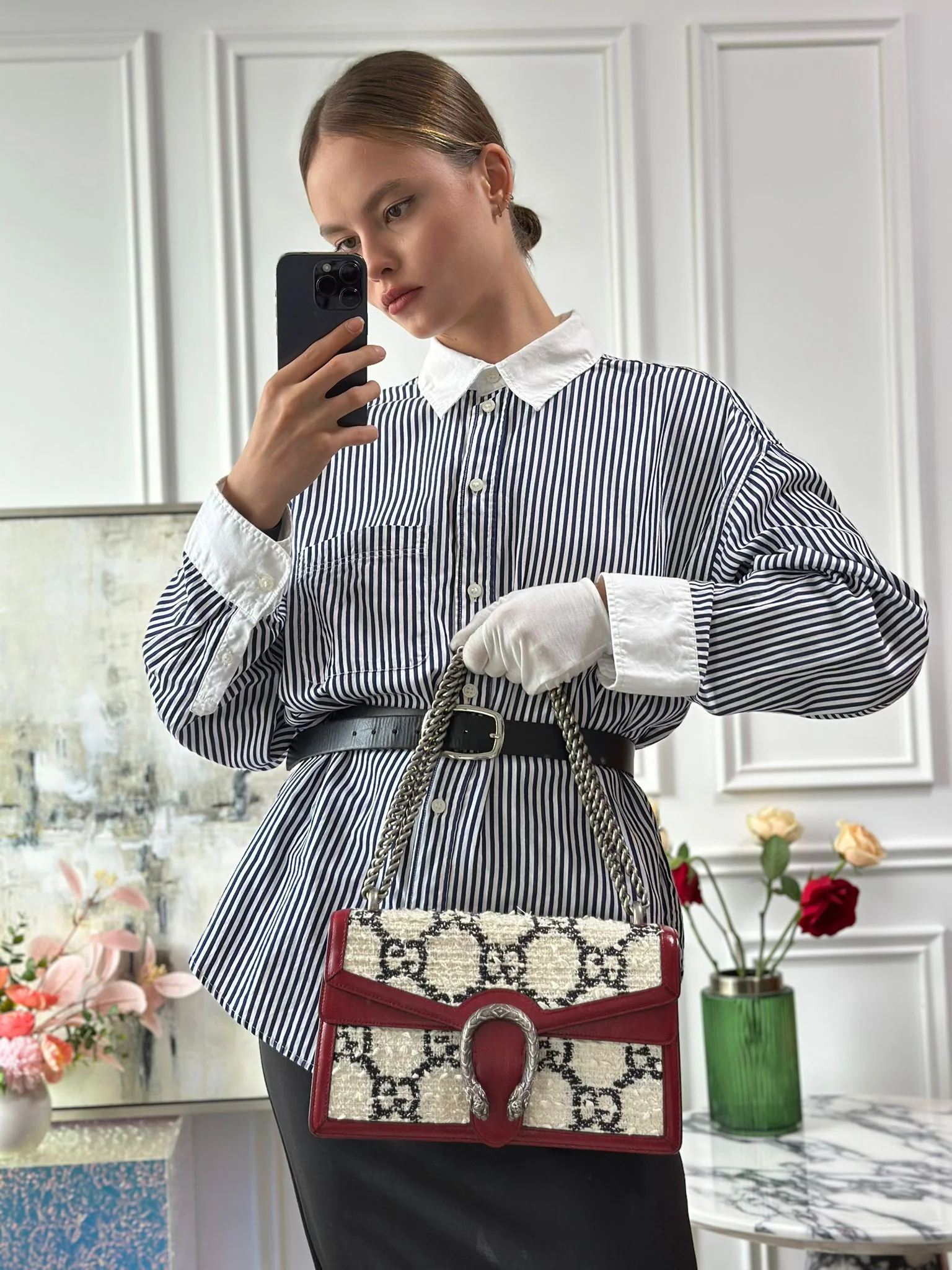 Gucci Tweed Monogram Small Dionysus Shoulder Bag in White/Black/Romantic Cherry - Best Replica Bag Shop