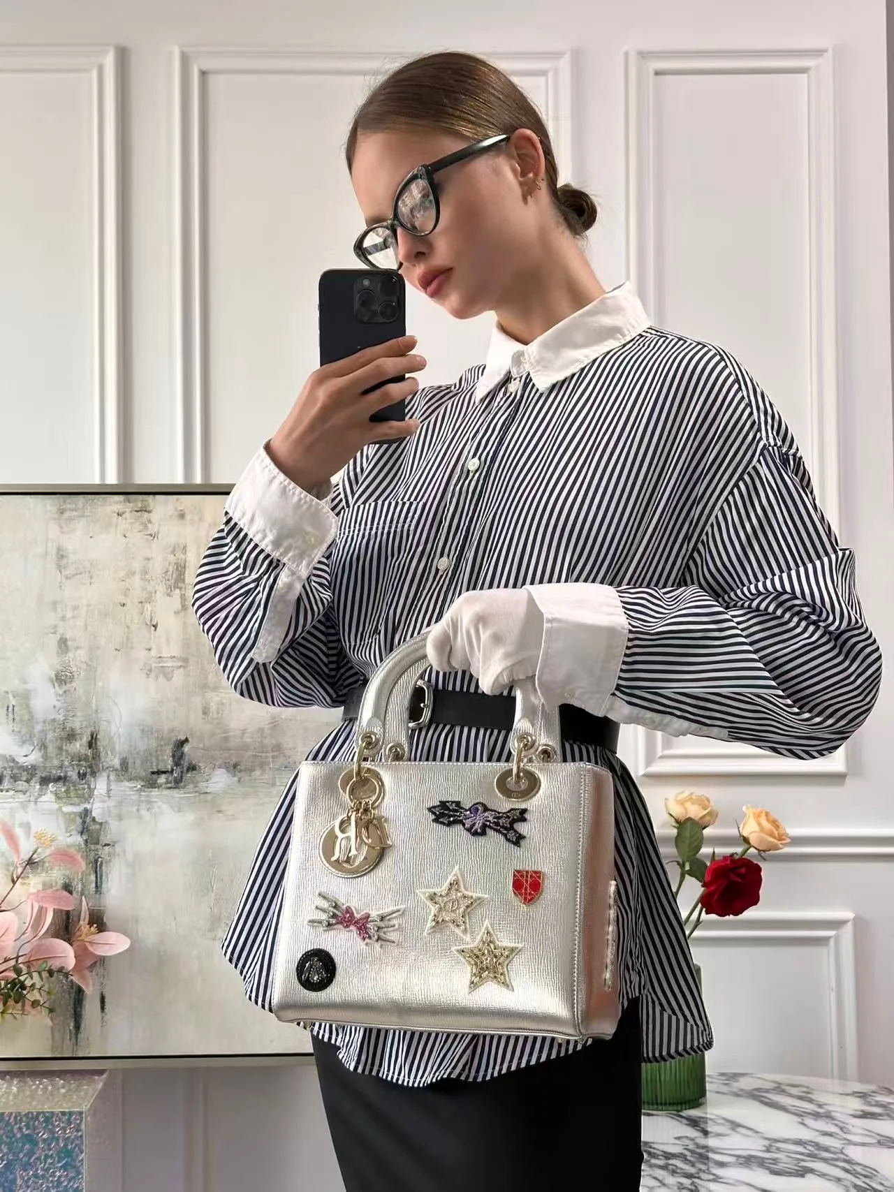 Christian Dior Leather Lady Dior Shoulder Bag in Silver Limited Edition - Best Replica Bag Shop