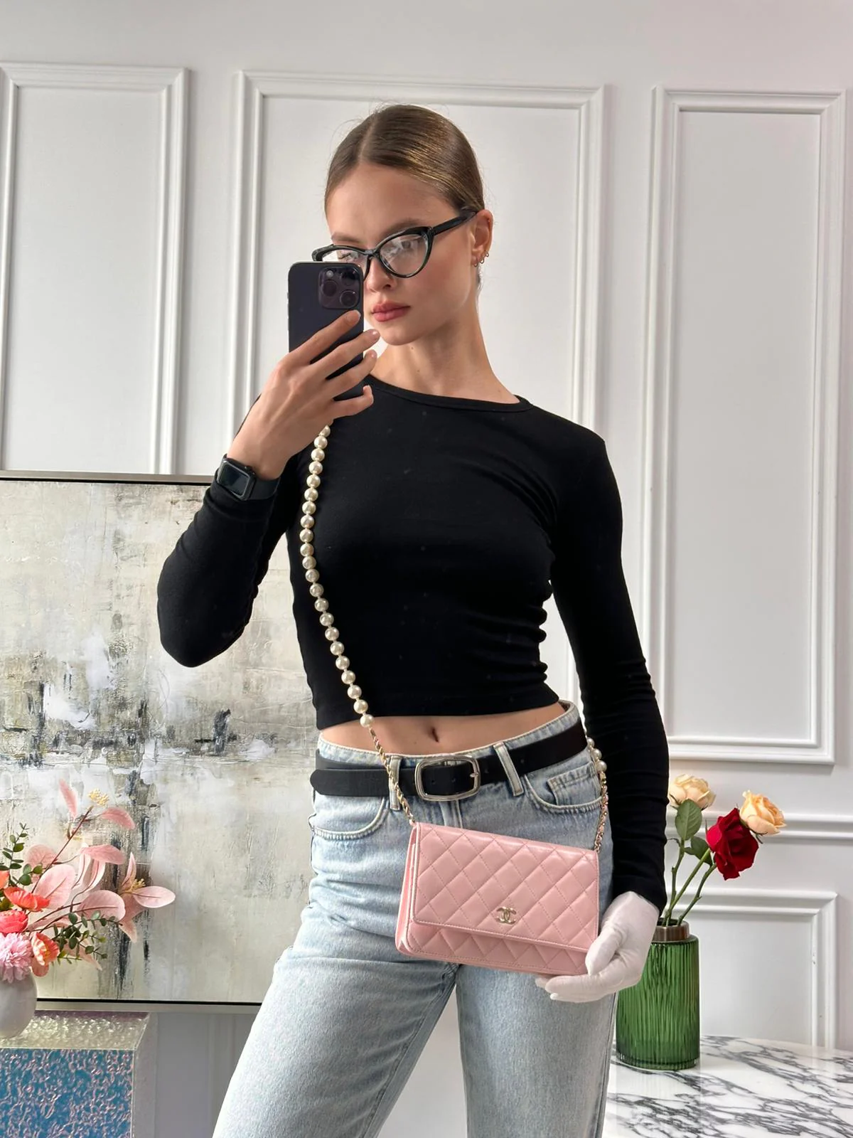 Chanel Baby Pink Wallet on Chain (WOC) in Quilted Lambskin with Pearl Chain – Gold Hardware