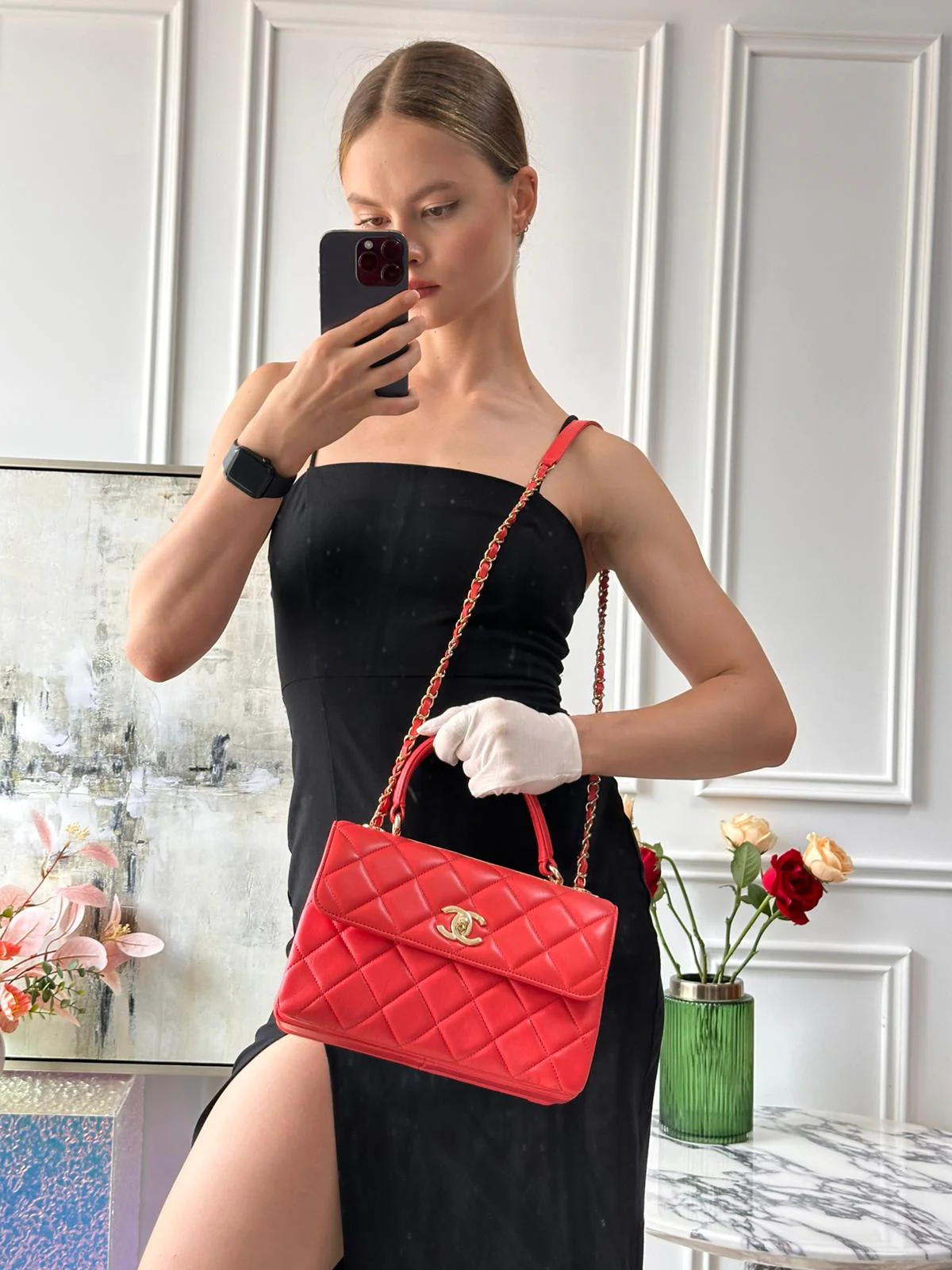 Chanel Red Small Trendy CC Bag In Lambskin Leather With Champagne Gold Hardware