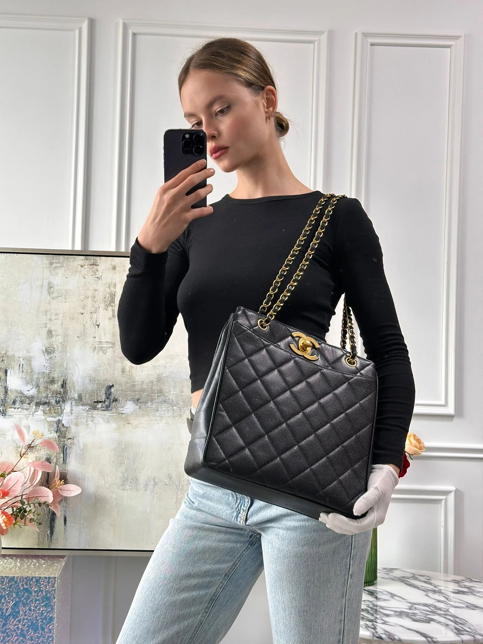 Chanel Vintage 1994 - 1996 Black Caviar Shoulder Tote Gold Hardware