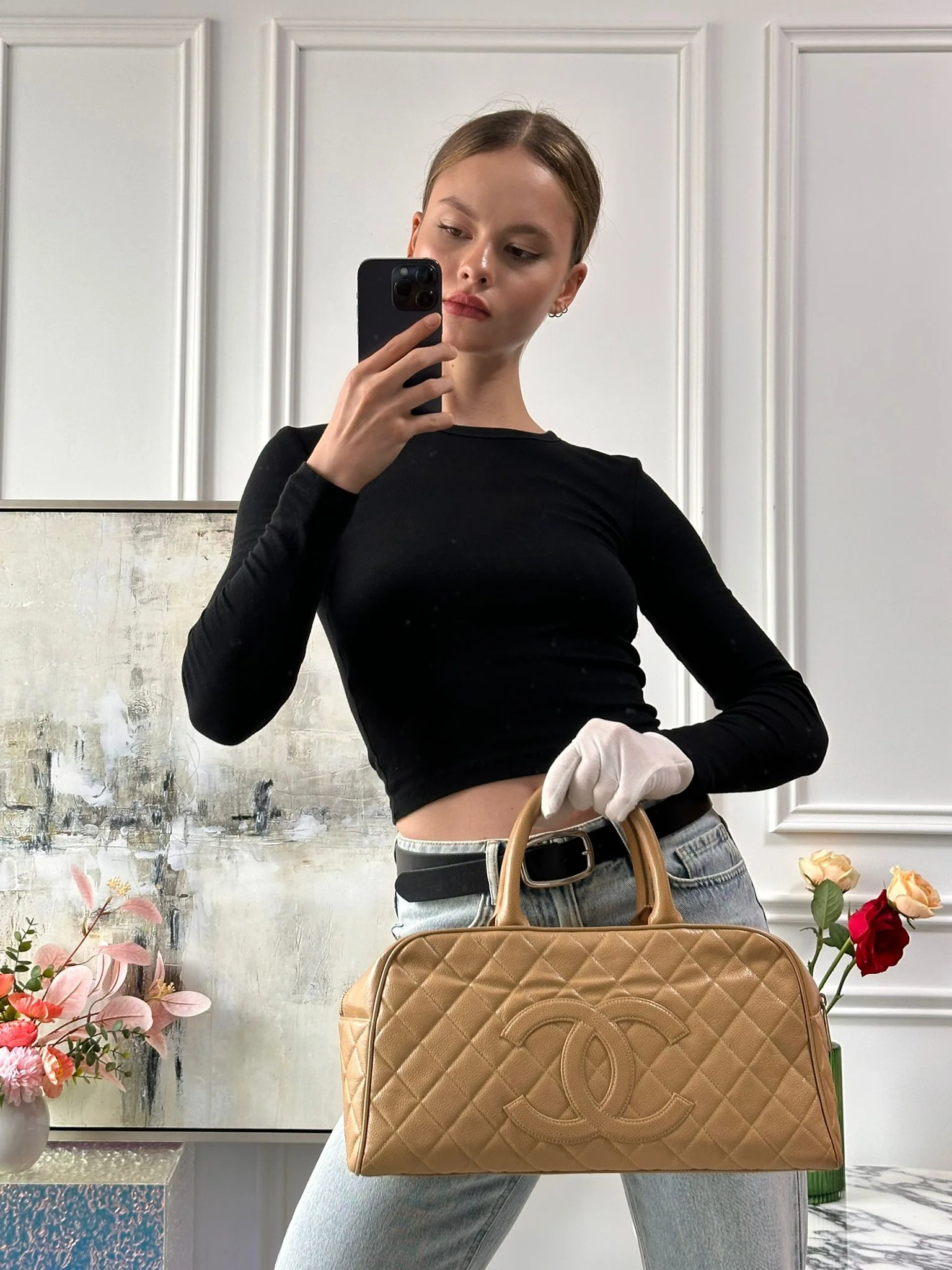 Chanel Vintage Bowler Handbag Beige Caviar Leather