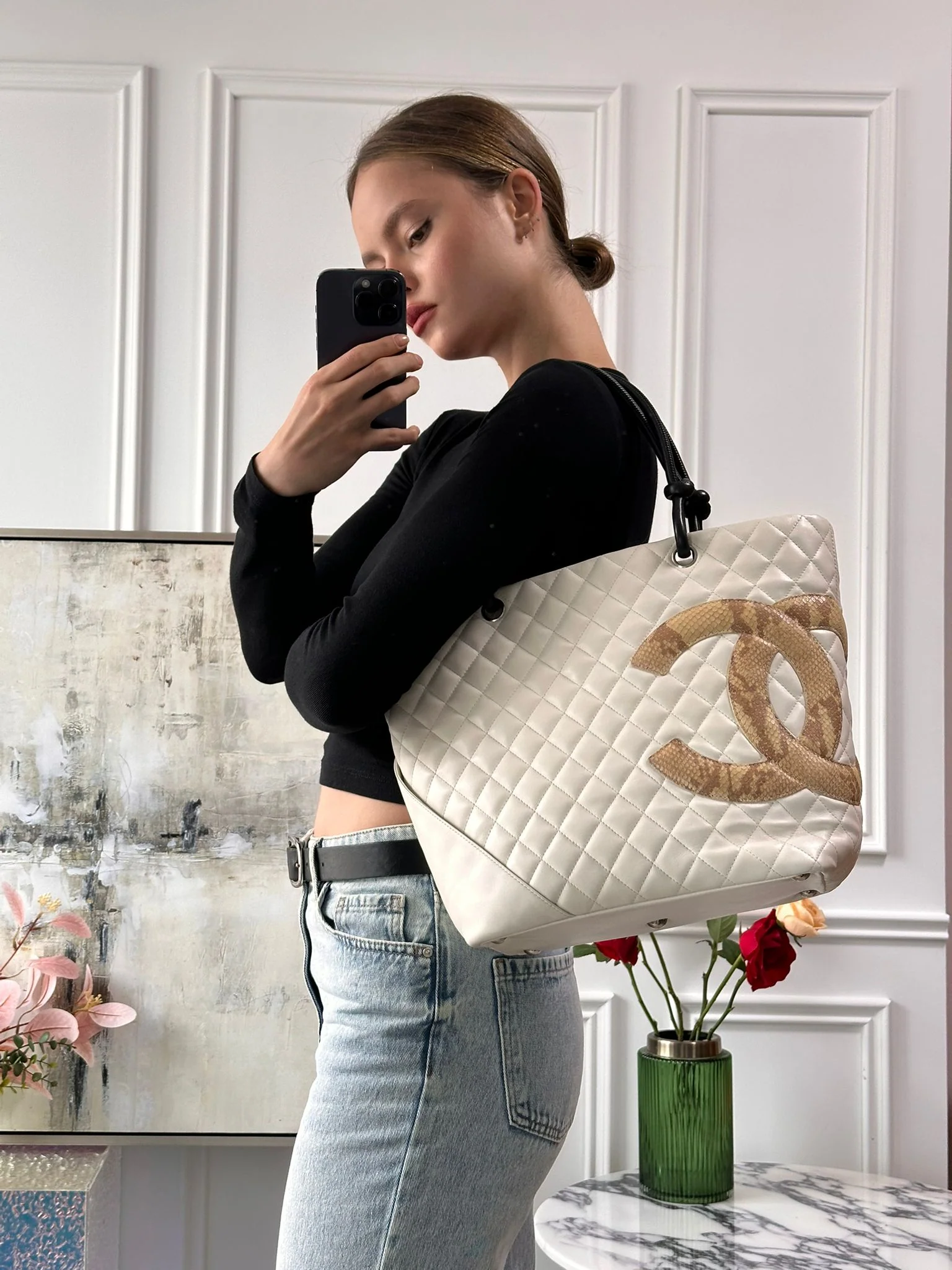 Chanel Cambon CC Tote Bag Large White Lambskin