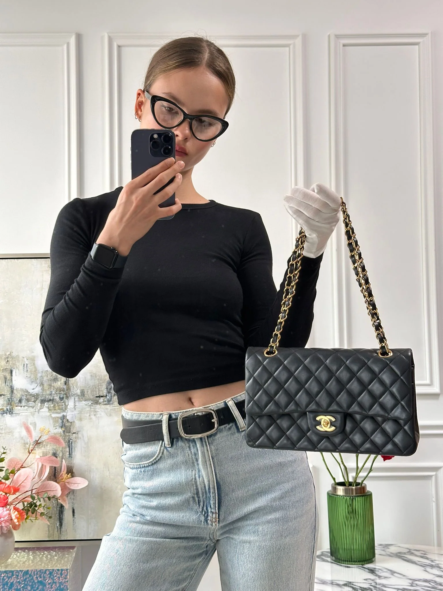 Chanel Black Double Flap Bag Medium Lambskin