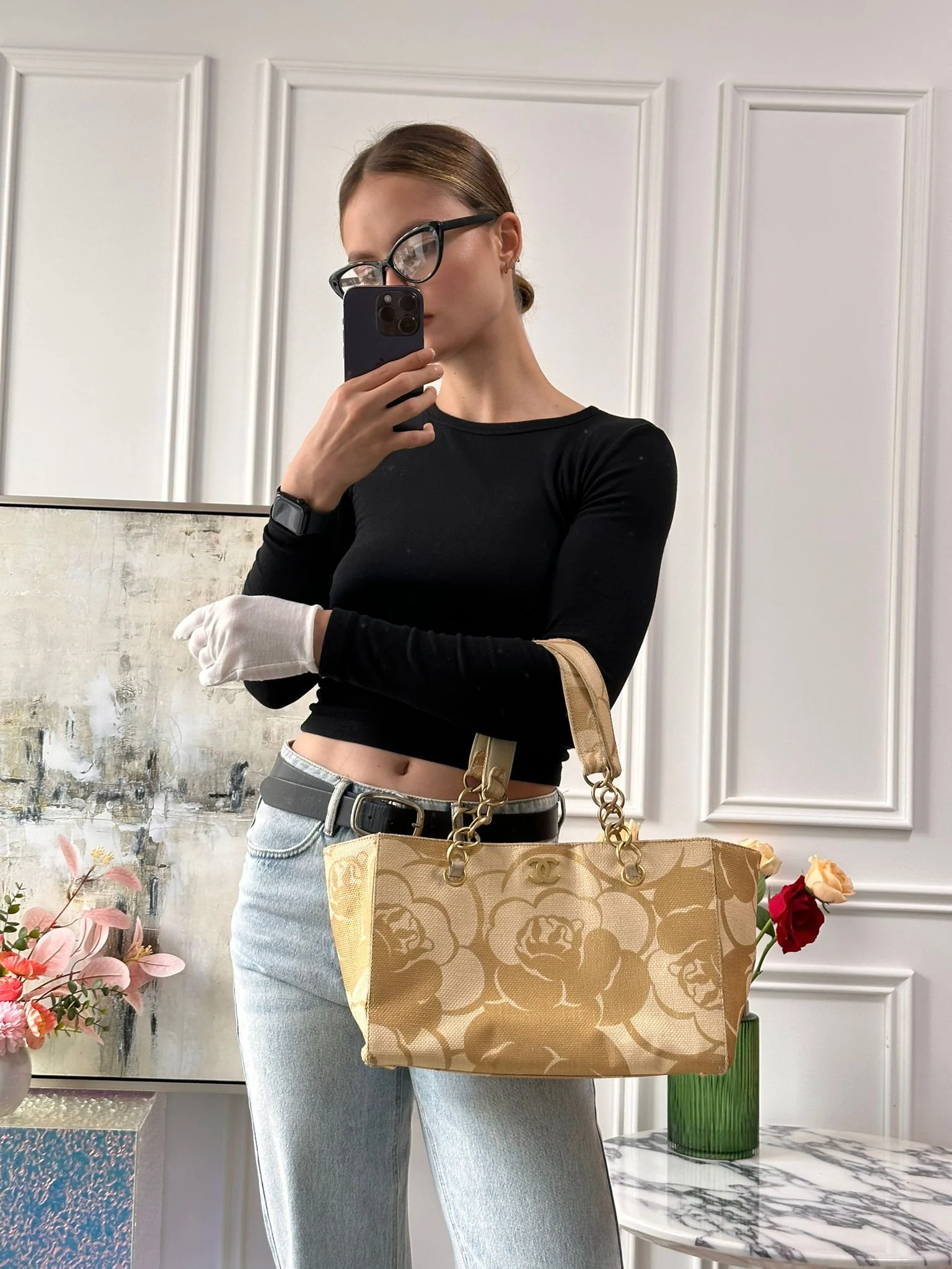 Chanel Raffia Camellia Small Tote Bag Beige