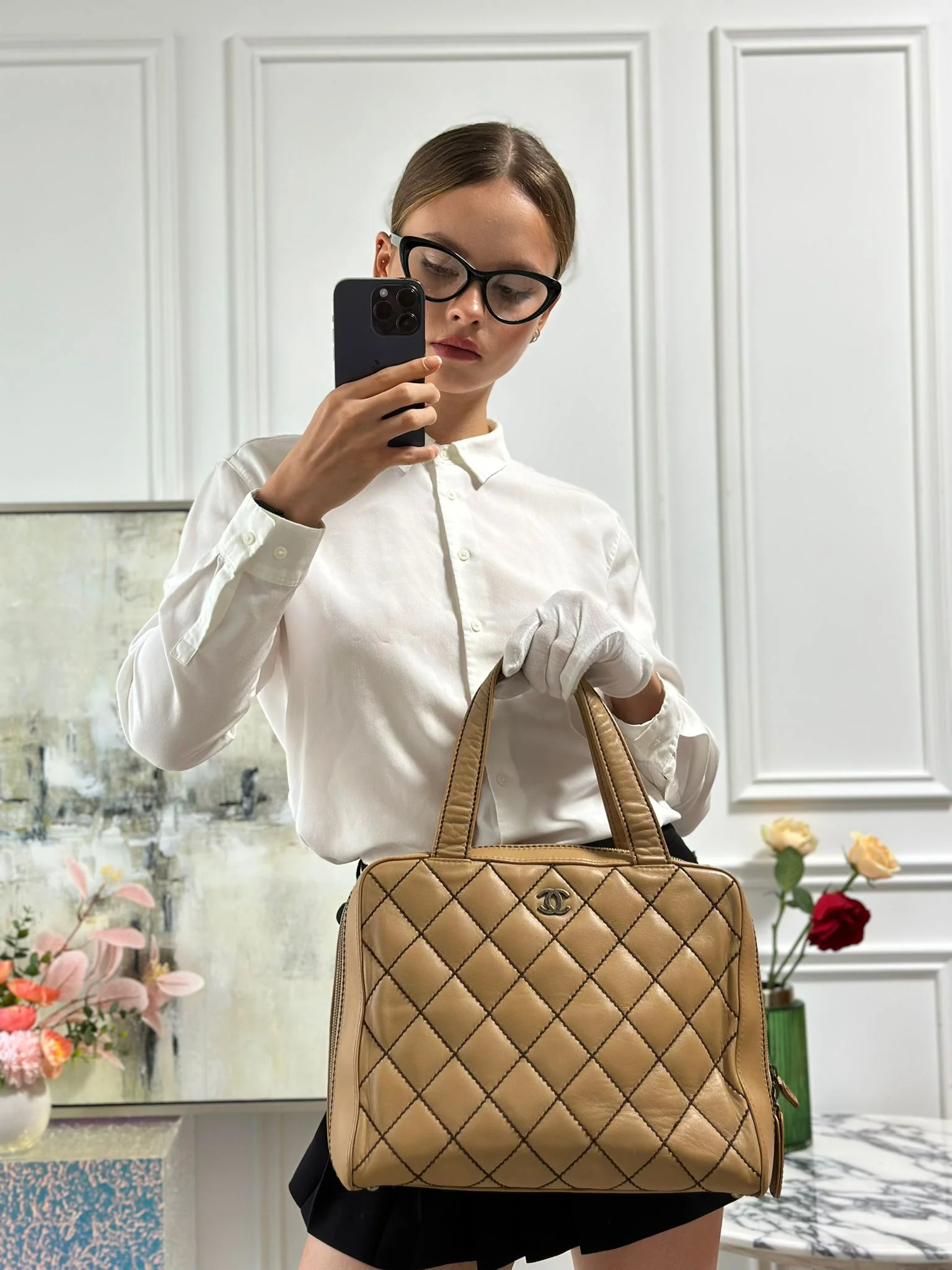 Chanel Contrast Bowler Handbag Beige