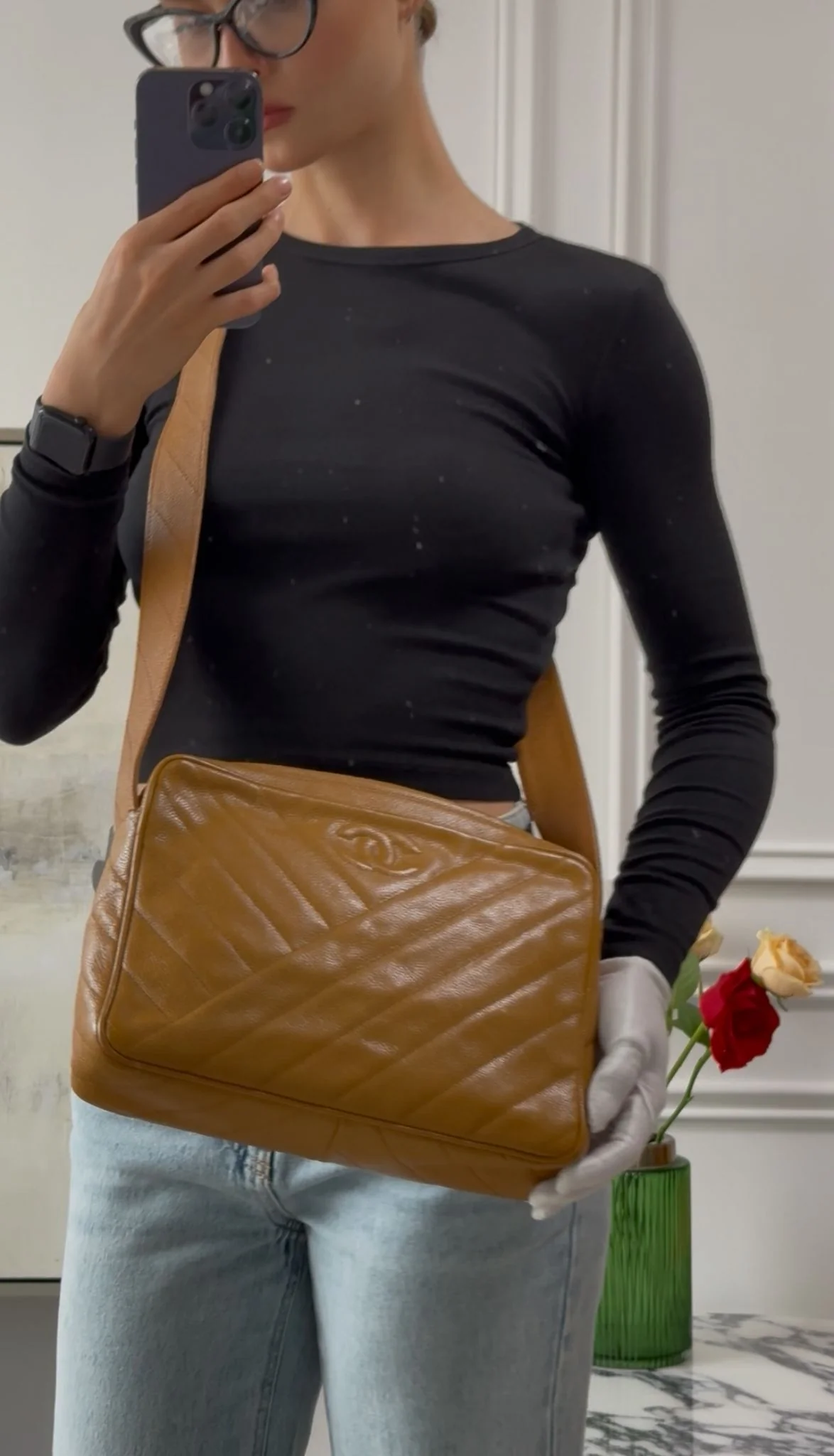 Chanel Vintage Caramel Caviar Diagonal Crossbody Bag