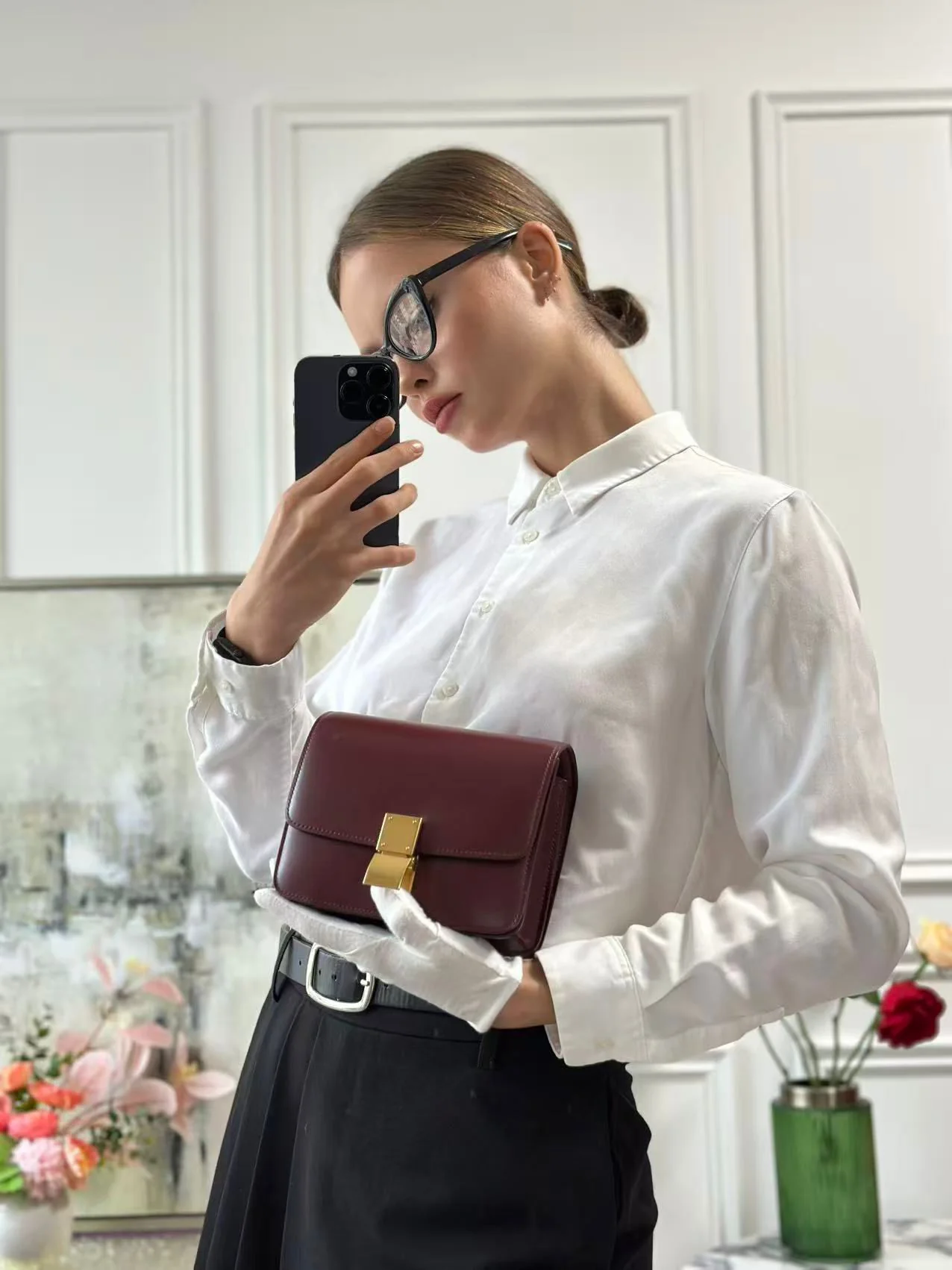 Celine Burgundy Classic Box Small Leather Shoulder Bag