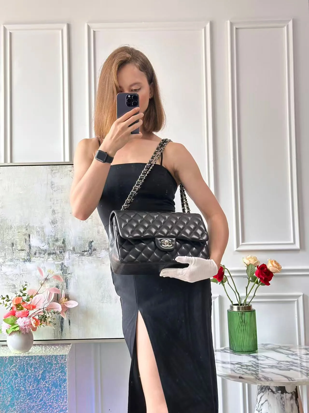 Chanel Classic Flap Bag Lambskin Black Bag Jumbo in Silver Hardware