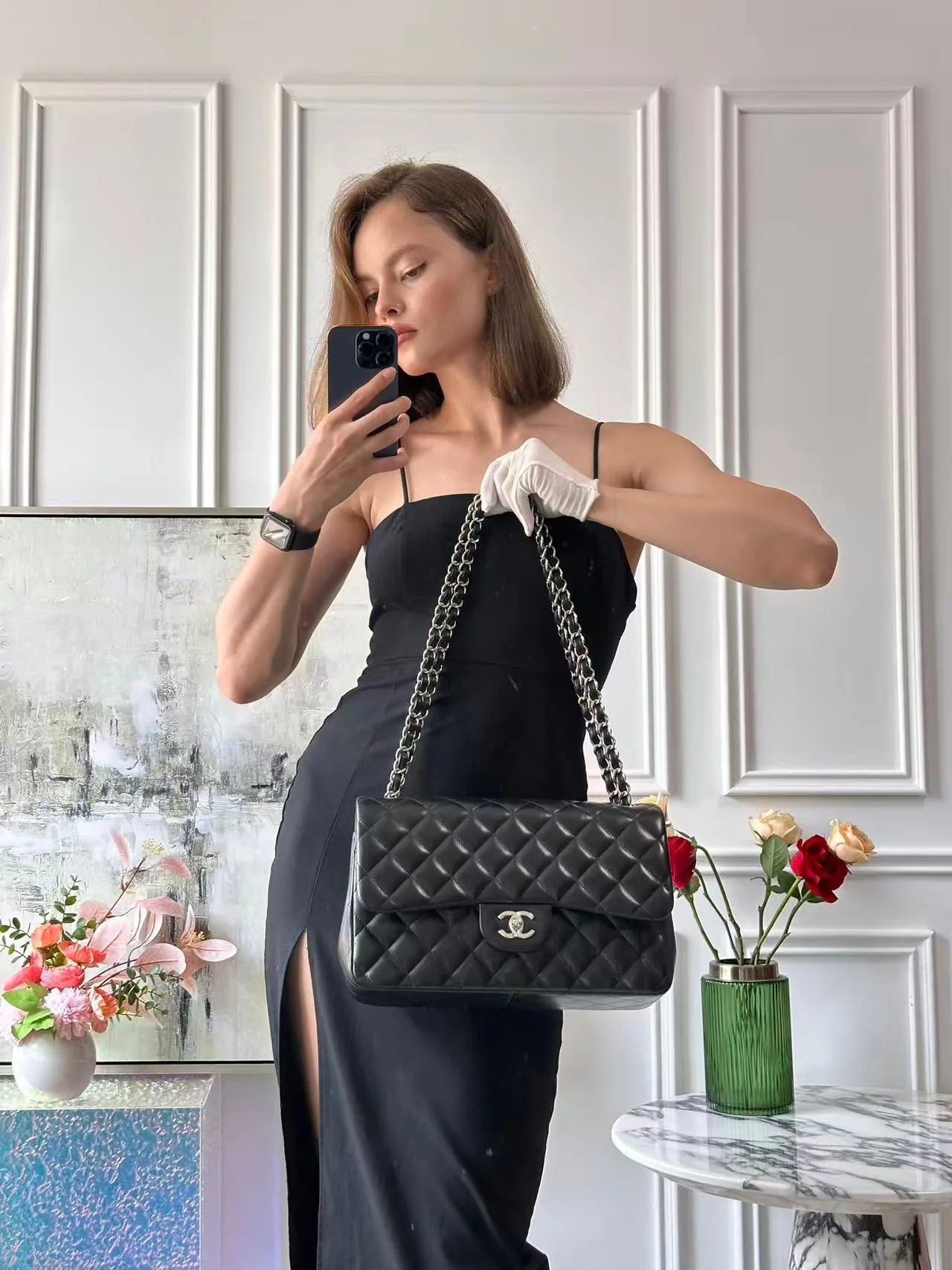 Chanel Classic Flap Bag Lambskin Black Bag Jumbo in Silver Hardware