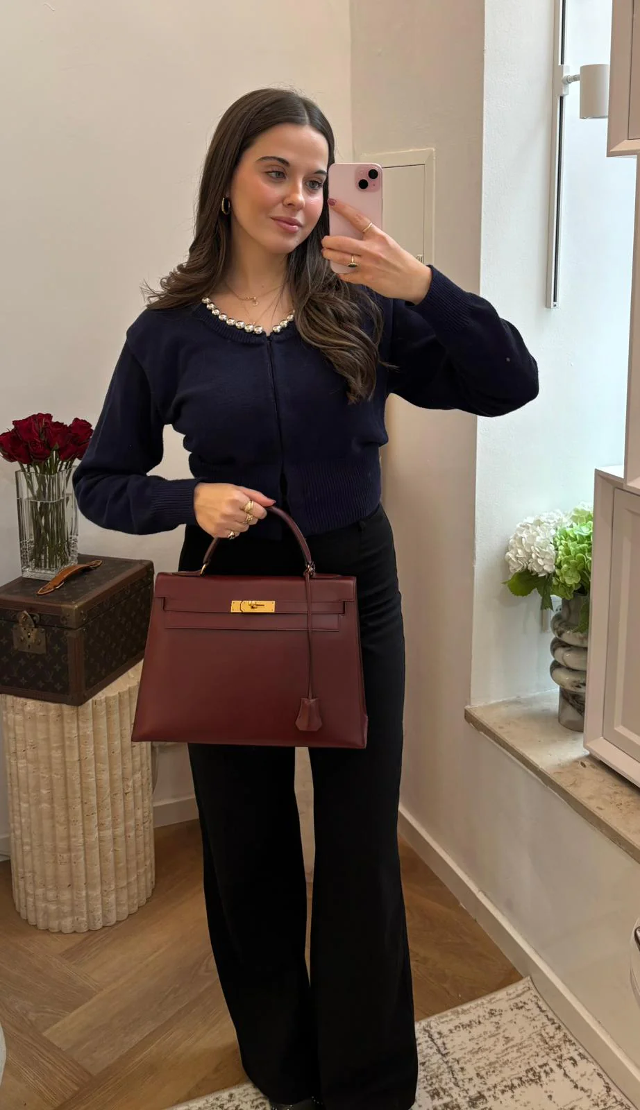 Vintage Hermès Kelly 32 aus burgunderrotem Box-Leder (1985)