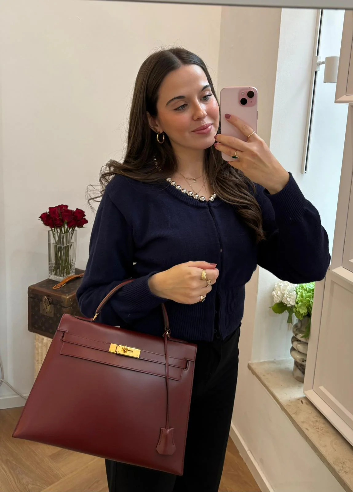 Hermes Vintgae Kelly 32 Burgundy Red Box Leather 1985