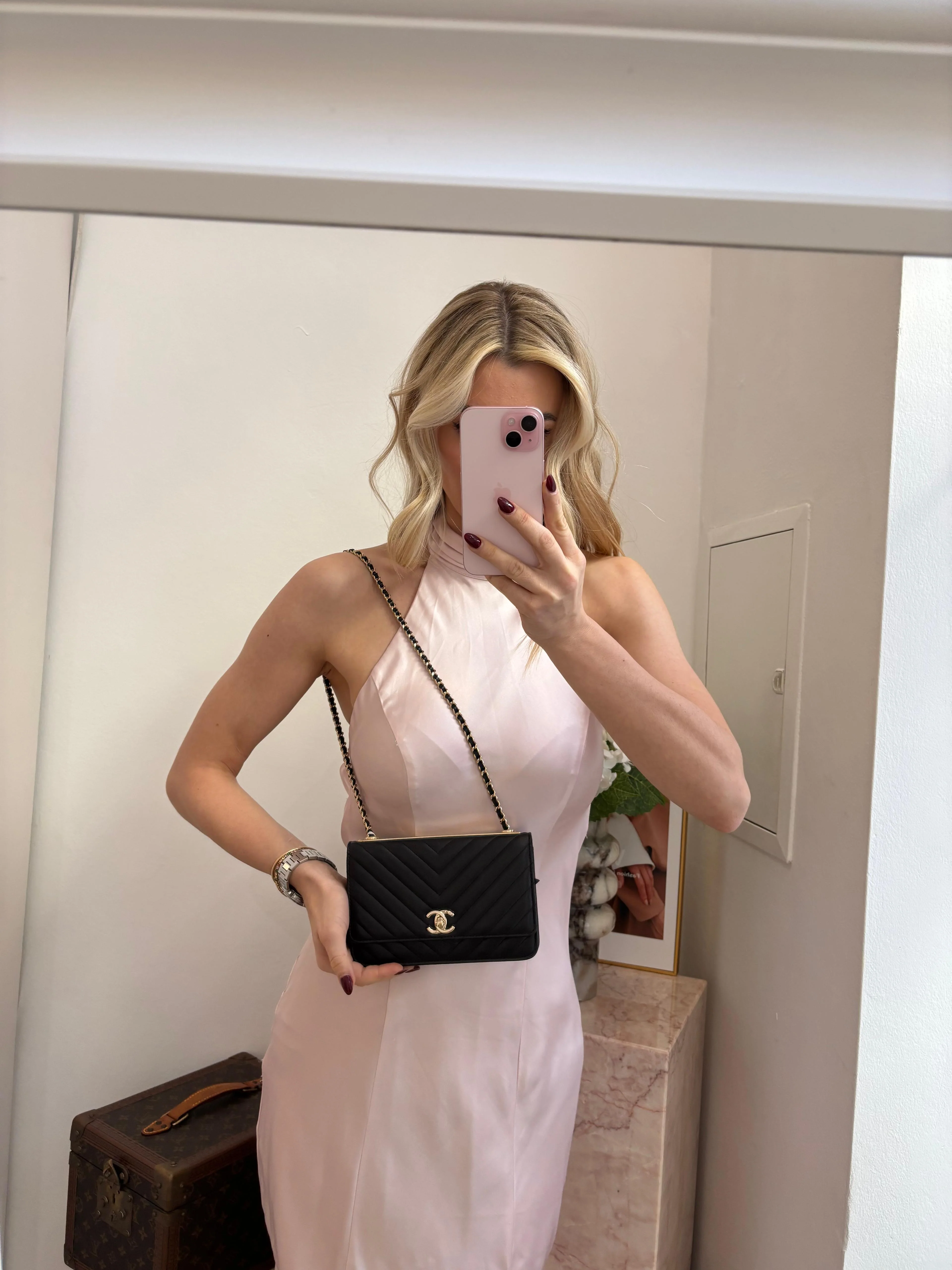 Chanel Lambskin Chevron Quilted Trendy CC Wallet On Chain Woc In Black