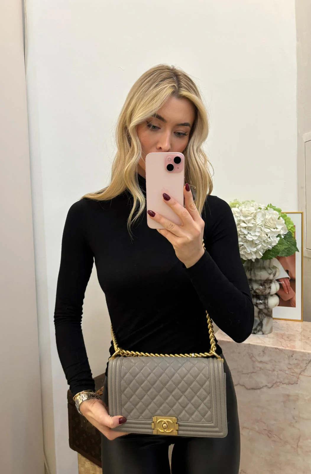 Chanel Boy Medium Grey Flap Bag Quilted Caviar 2019