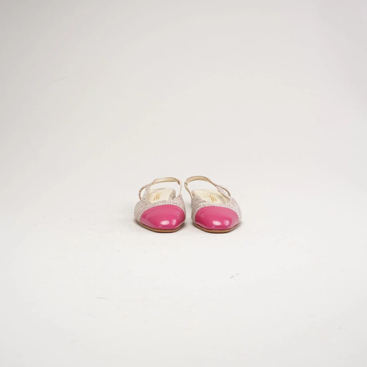 Chanel Pink CC Logo Tweed Leather Slingback Flats Size 38 C