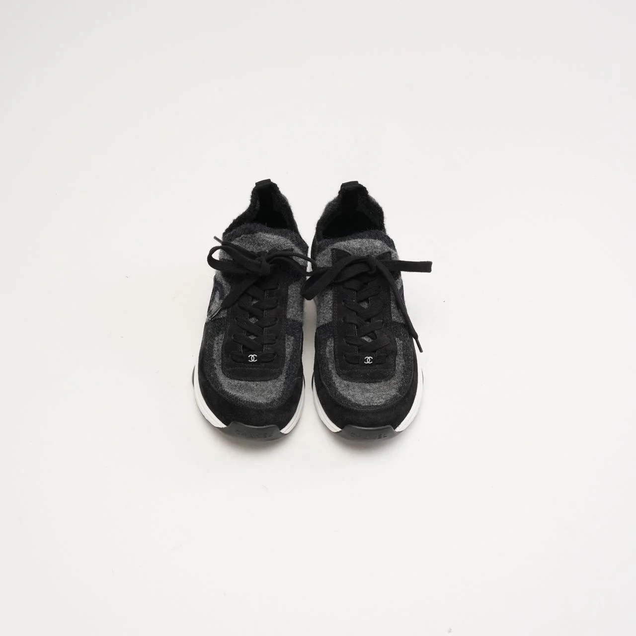 Chanel Knit Fabric Suede Sneakers 39 Grey Black