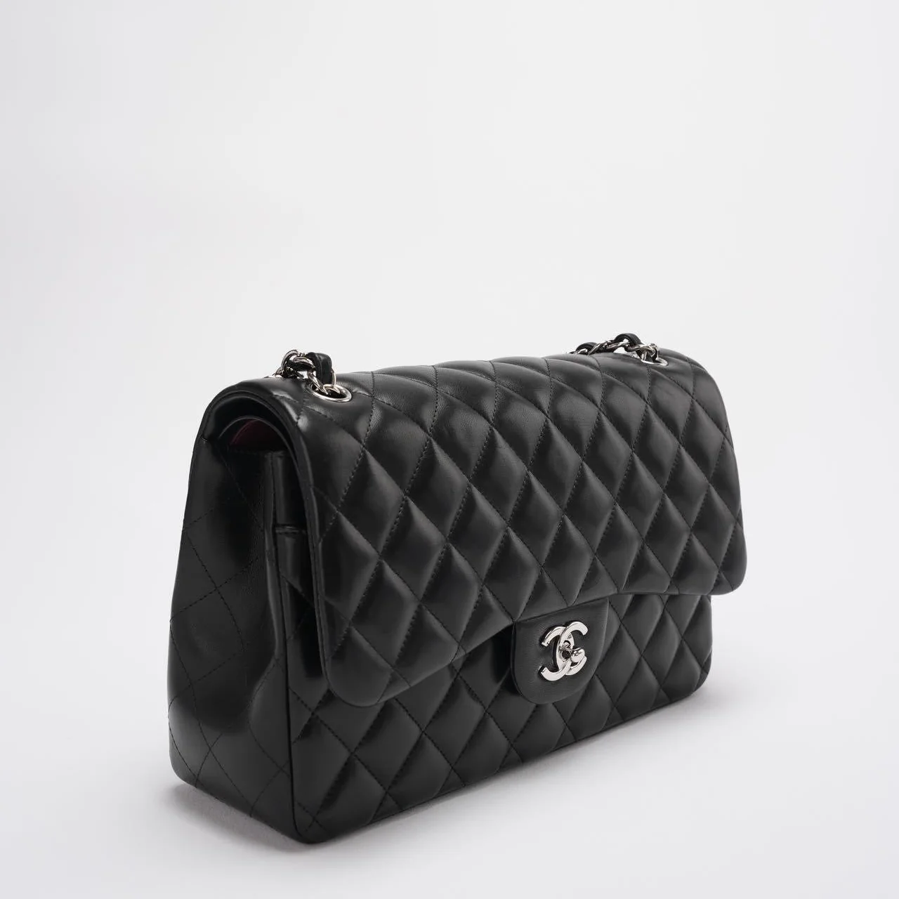 Chanel Classis Flap Bag Lambskin Black Bag Jumbo in Silver Hardware Side