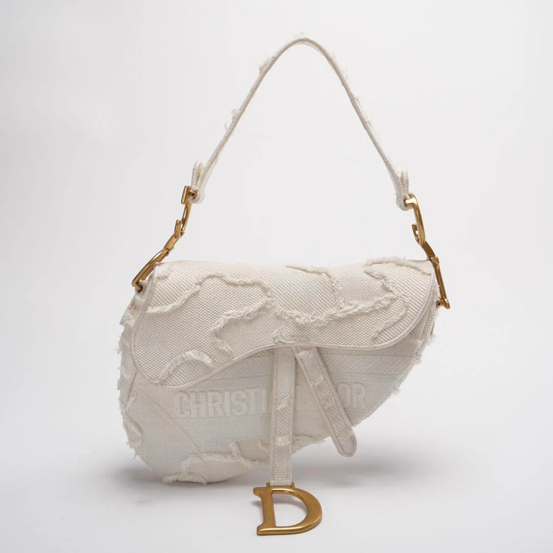Dior Saddle Bag Camouflage in Weißem Canvas, Medium Handtasche mit goldfarbener Hardware, 2020