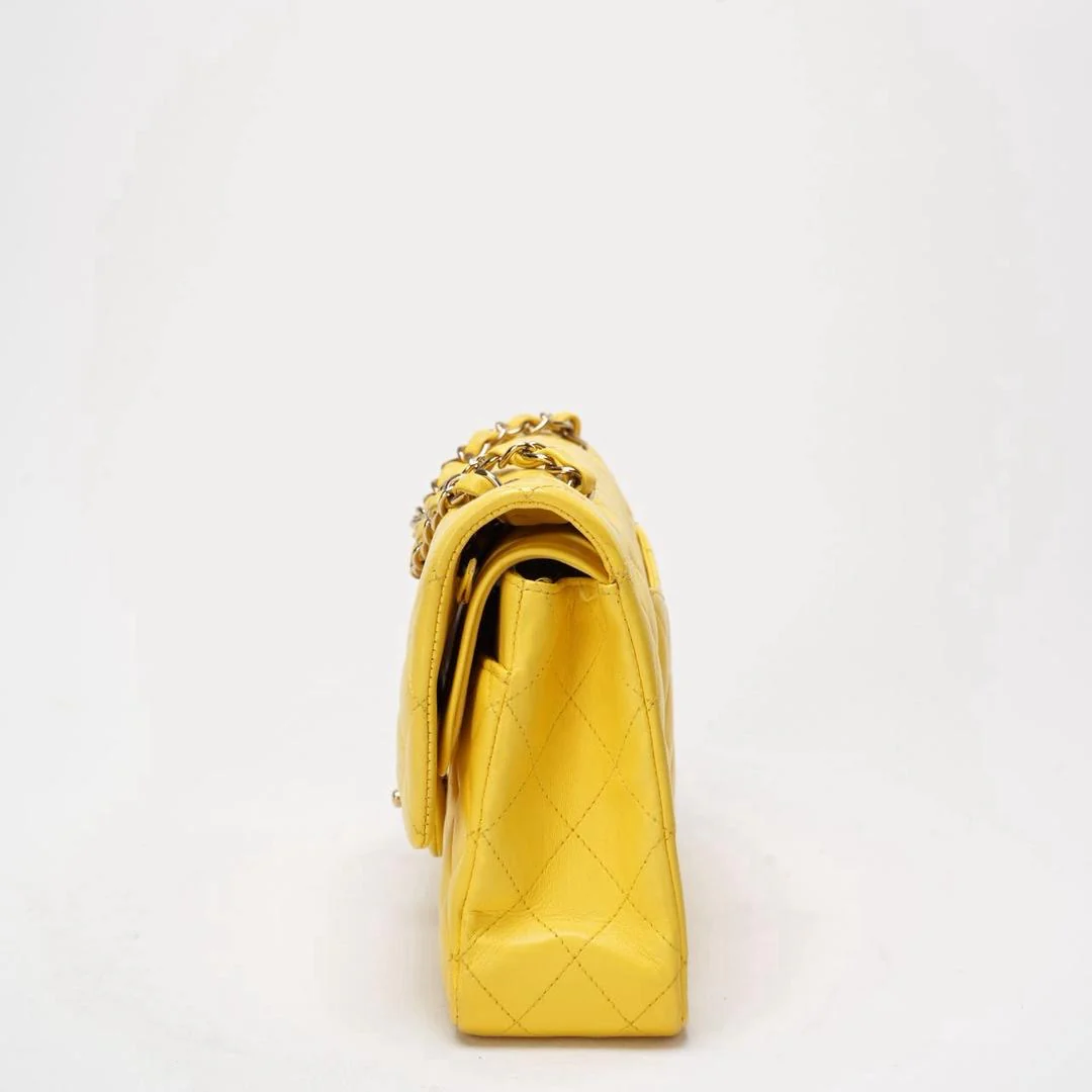 Chanel Yellow Lambskin Quilted Medium Double Flap Gold Hardware