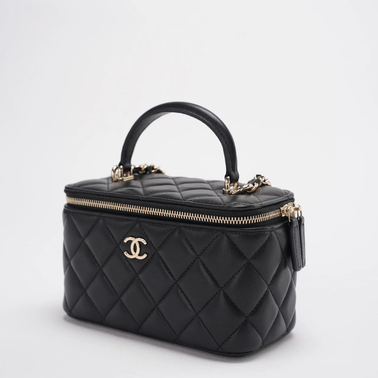 Chanel Vanity Case Bag Black Quilted Lambskin Bag with Gold Hardware Side 