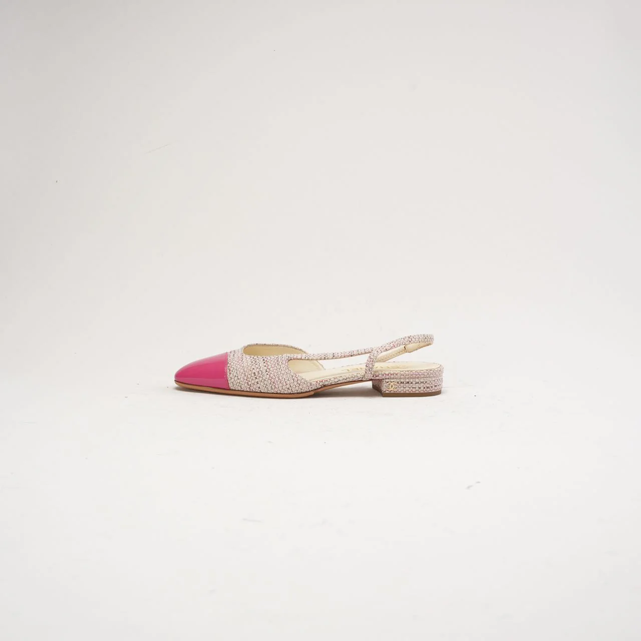 Chanel Pink CC Logo Tweed Leather Slingback Flats Size 38 C
