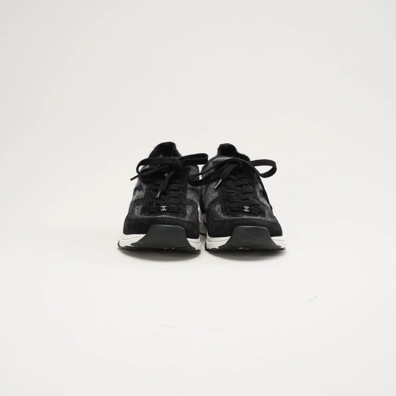 Chanel Knit Fabric Suede Sneakers 39 Grey Black