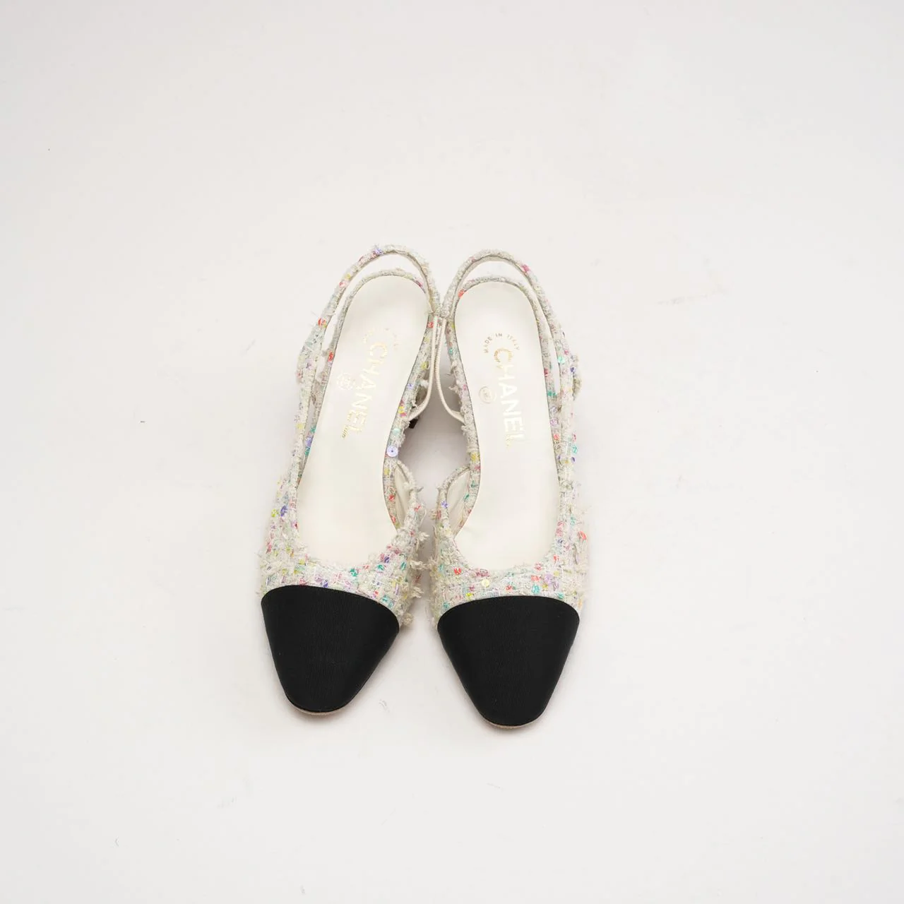 Chanel Tweed CC Logo Slingback Pumps 38 C White / Black