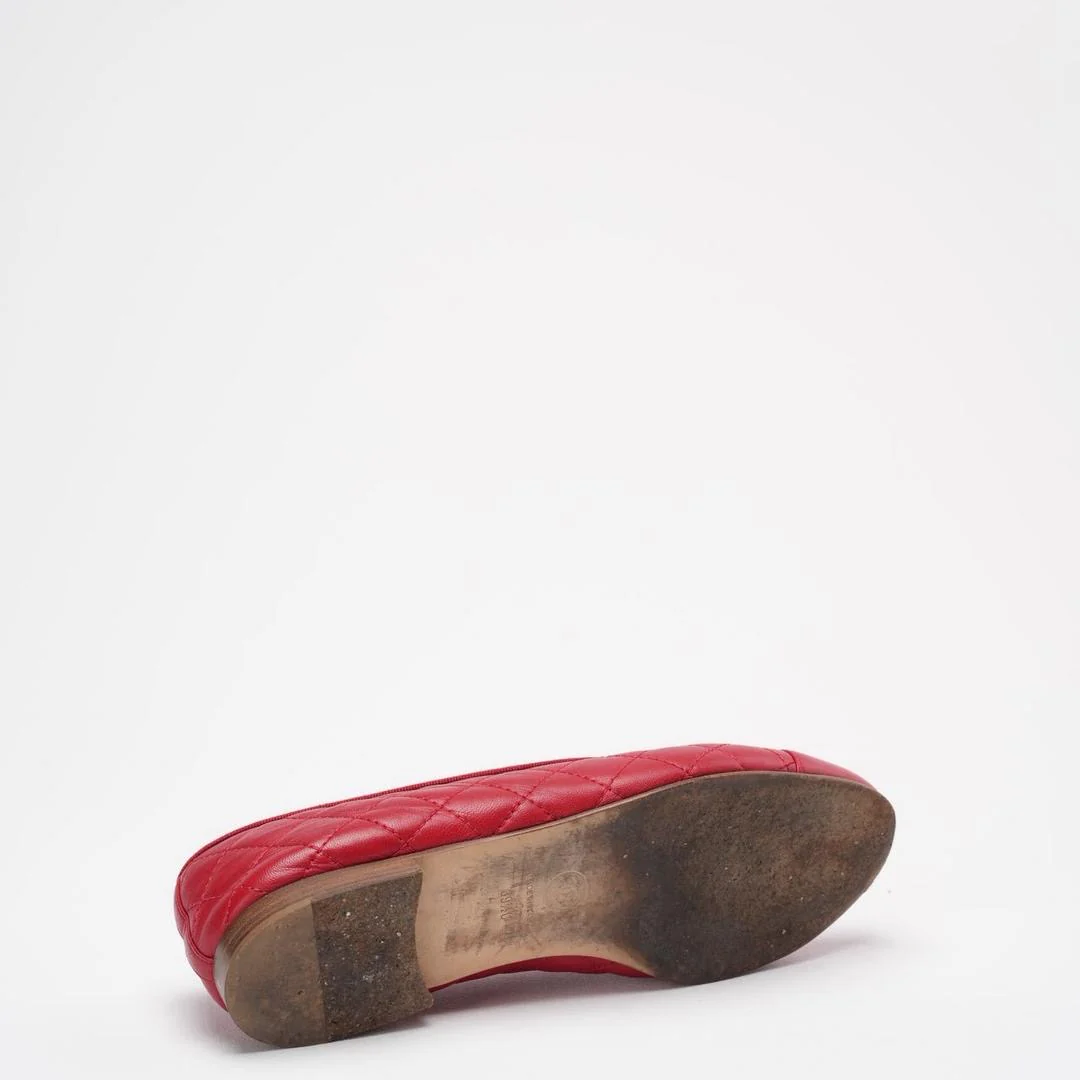 Chanel Red Leather CC Cap Toe Ballet Flats Size 39 ½