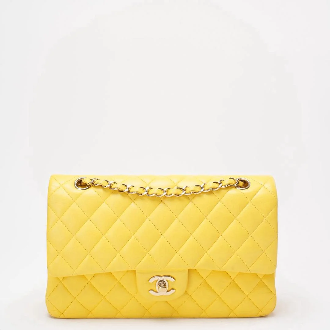Chanel Yellow Lambskin Quilted Medium Double Flap Gold Hardware