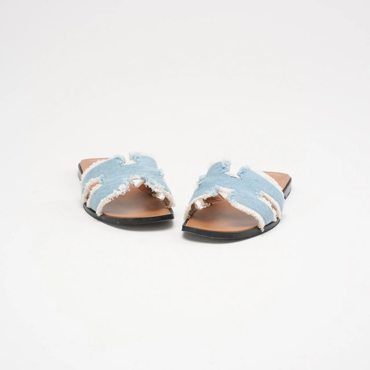 Hermes Blue Clair Denim Oran Fringe Sandals Size 38.5