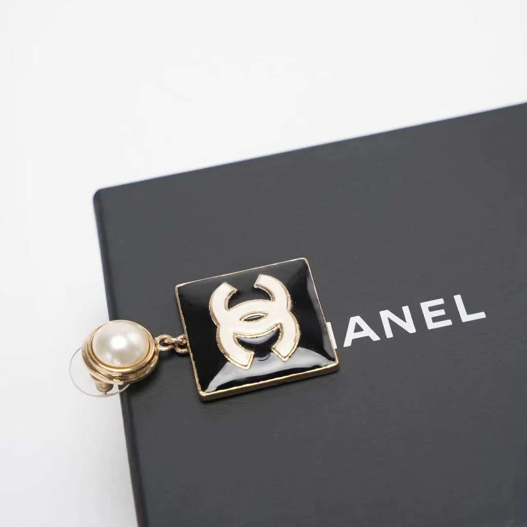Chanel Metal Resin Pearl Square CC Drop Earrings Gold Black White