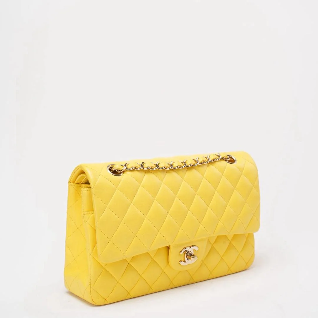 Chanel Yellow Lambskin Quilted Medium Double Flap Gold Hardware