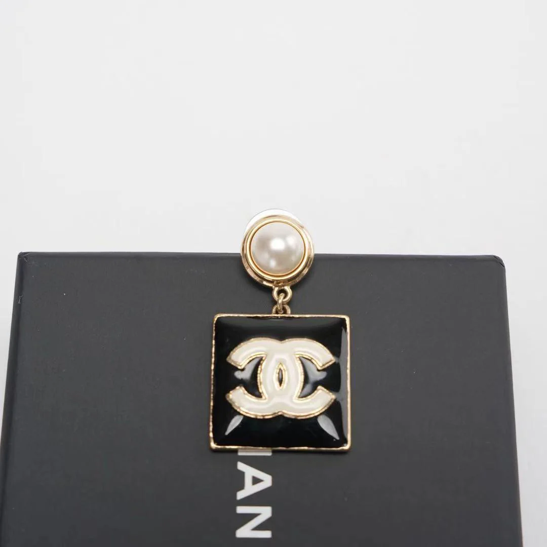 Chanel Metal Resin Pearl Square CC Drop Earrings Gold Black White