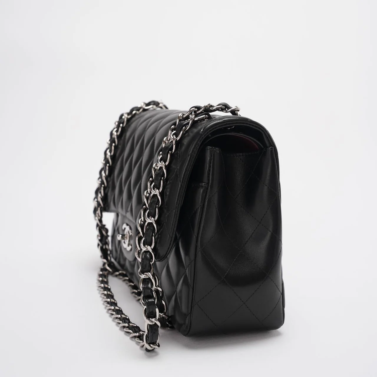 Chanel Classic Flap Bag Lambskin Black Bag Jumbo in Silver Hardware