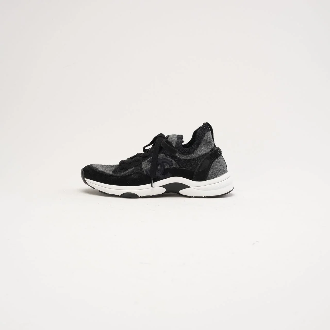 Chanel Knit Fabric Suede Sneakers 39 Grey Black