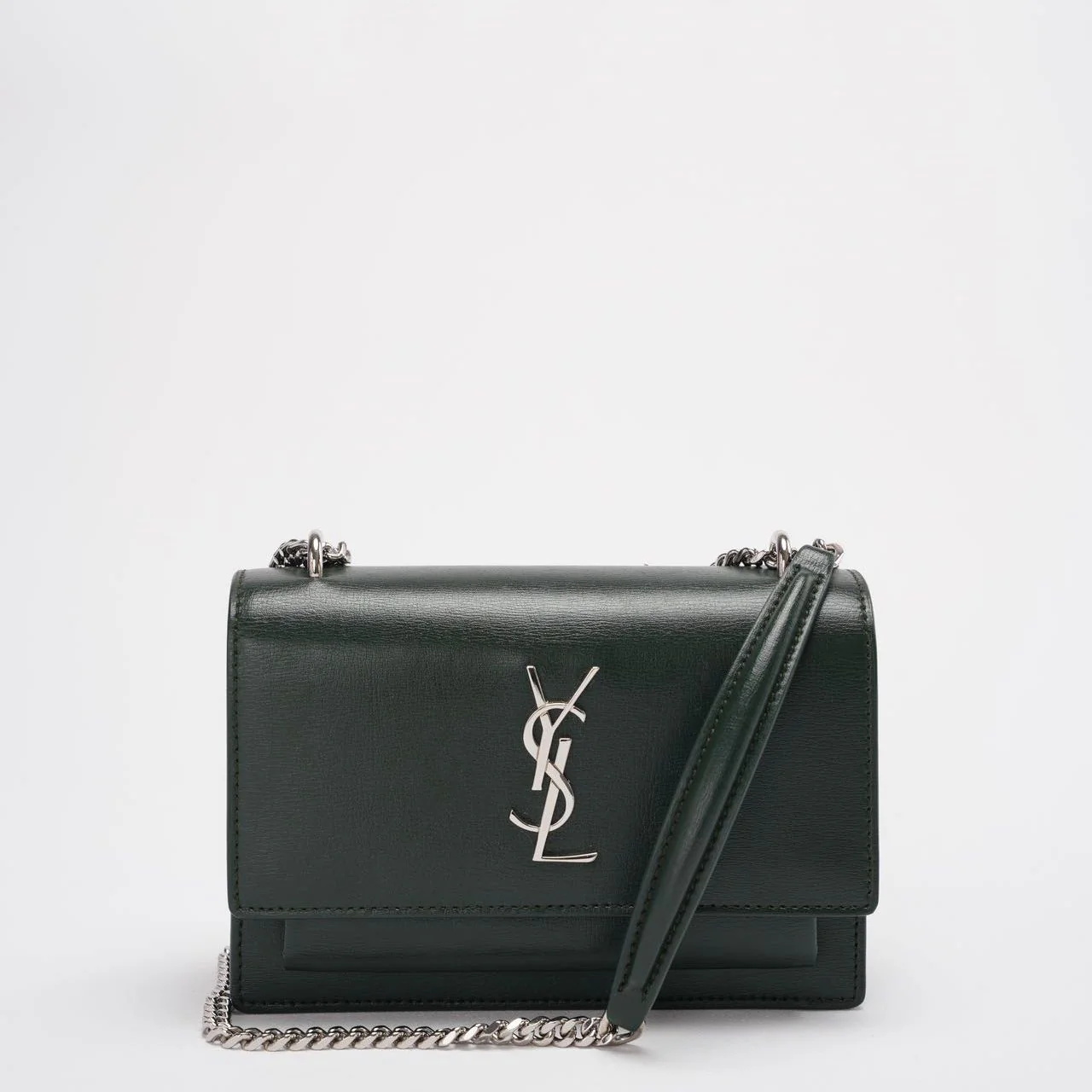 Saint Laurent Sunset Wallet on Chain Mini Olive Green with Silver Tone Hardware