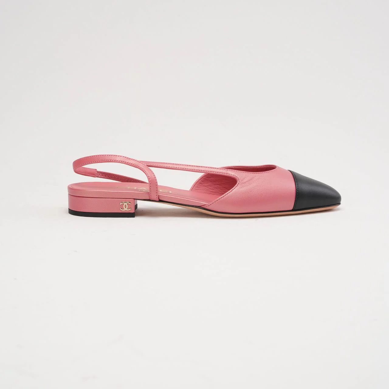 Chanel Pink / Black CC Logo Slingback Flats Size 38.5