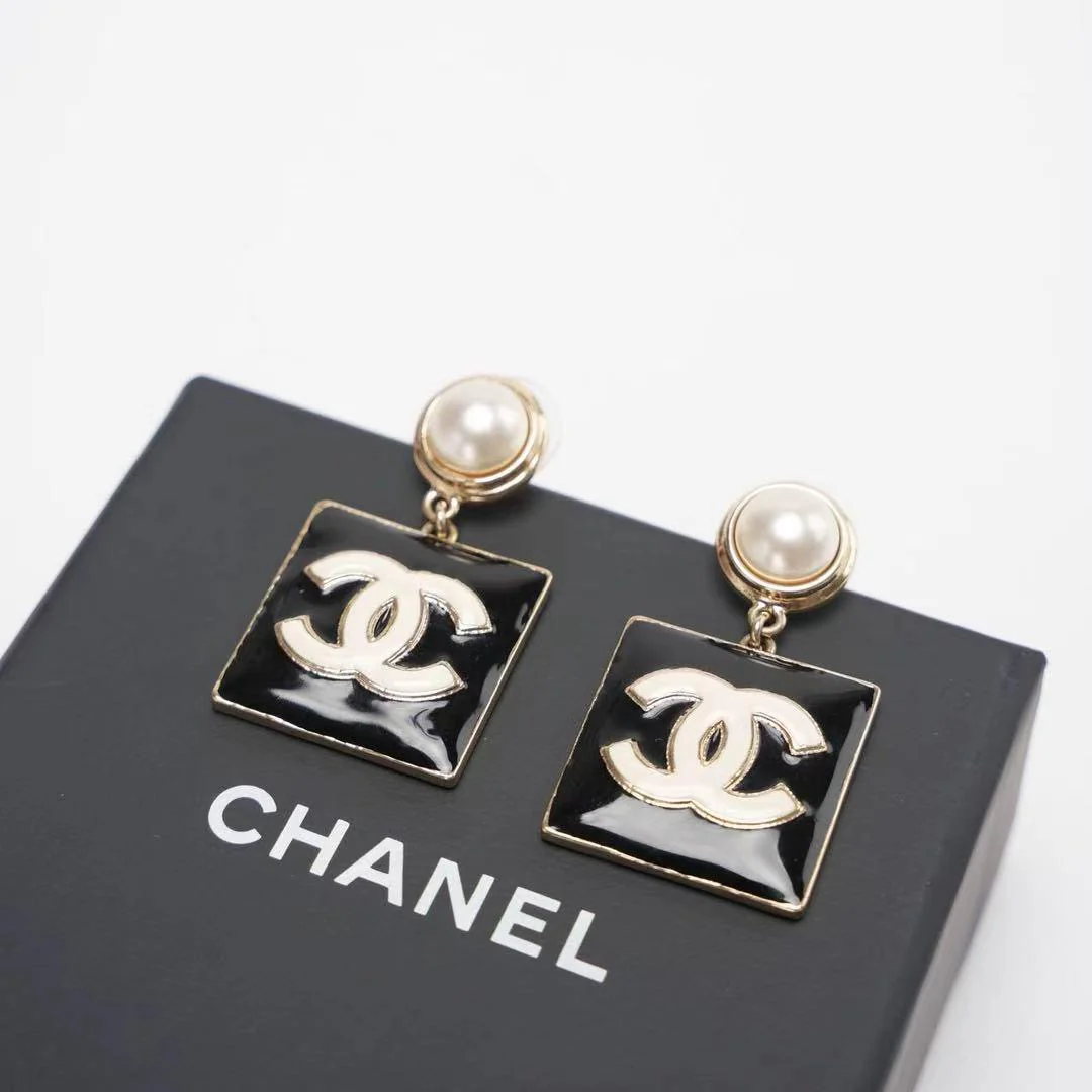 Chanel Metal Resin Pearl Square CC Drop Earrings Gold Black White